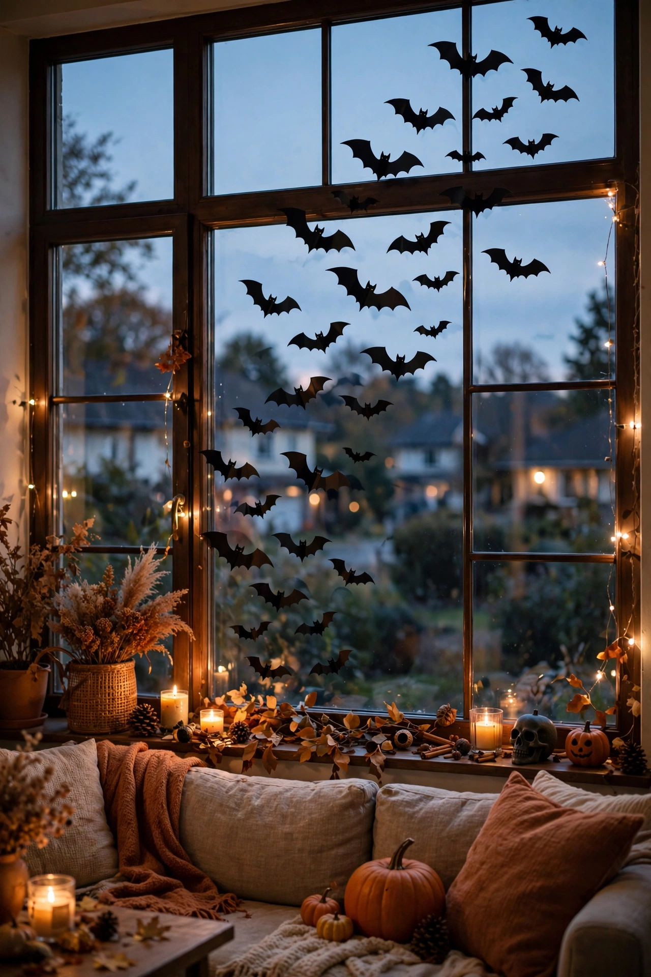 Black bat window clings arranged in a flight pattern on a window