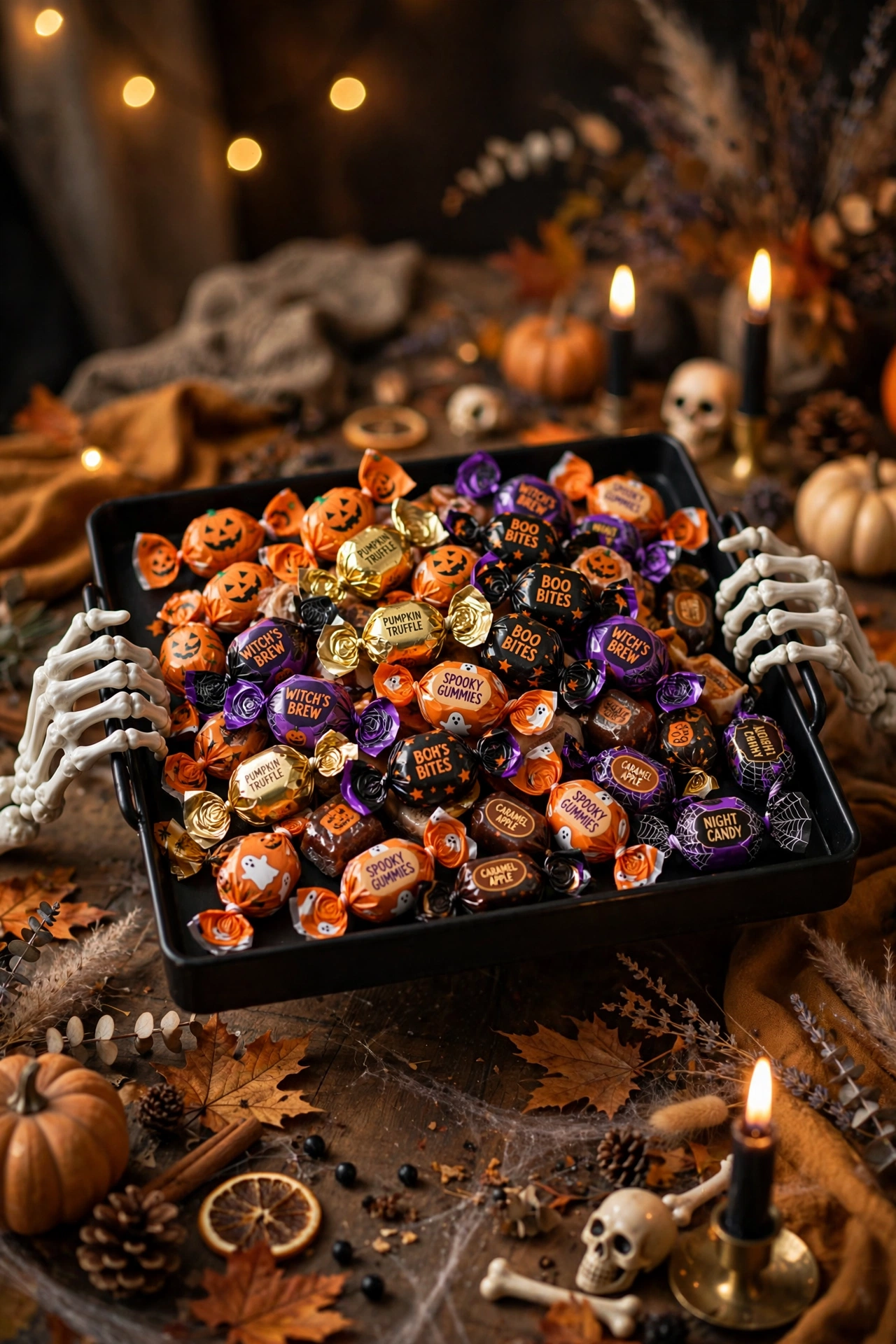 Black serving tray with plastic skeleton hands holding wrapped sweets