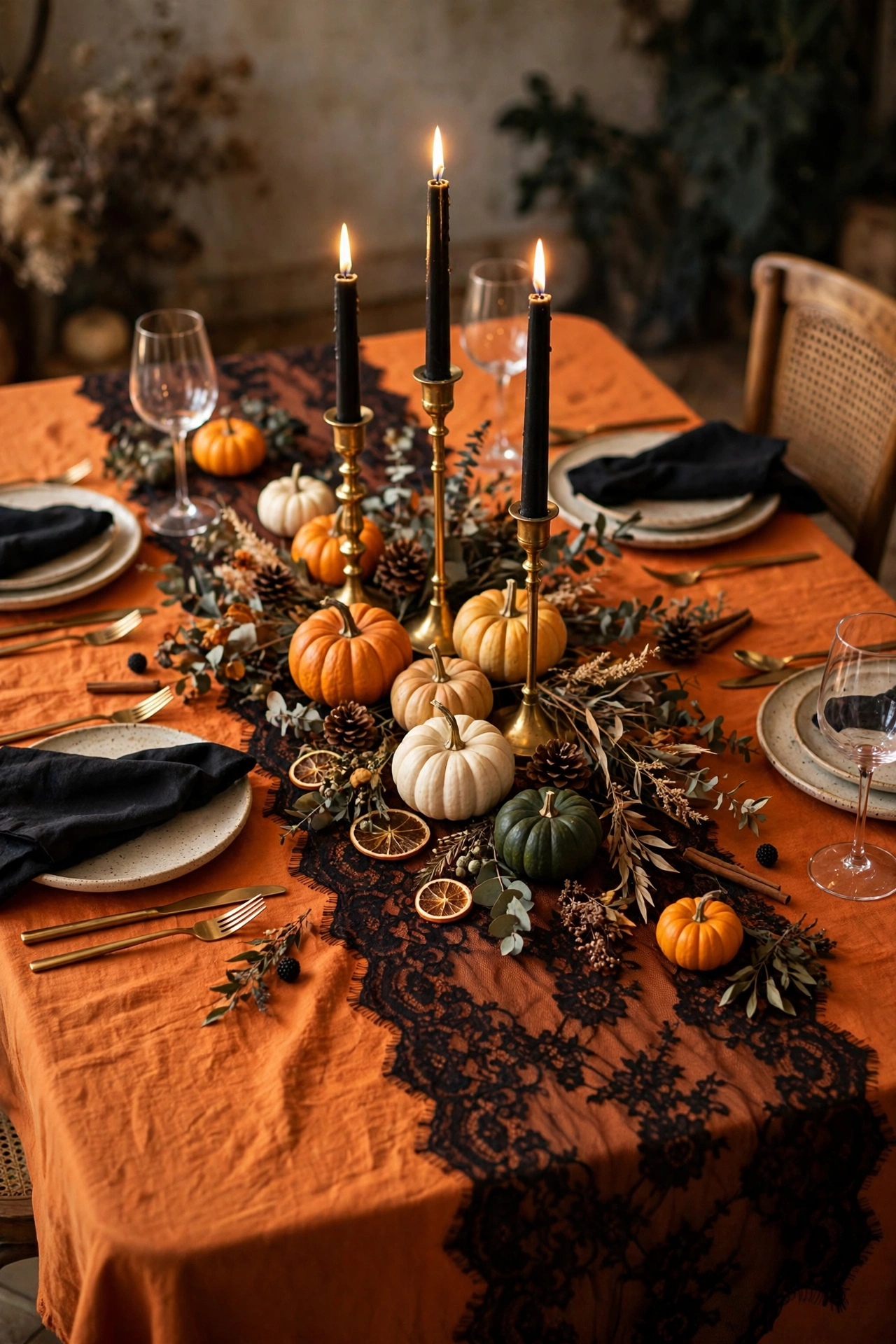 Black lace table runner over an orange tablecloth with pumpkins