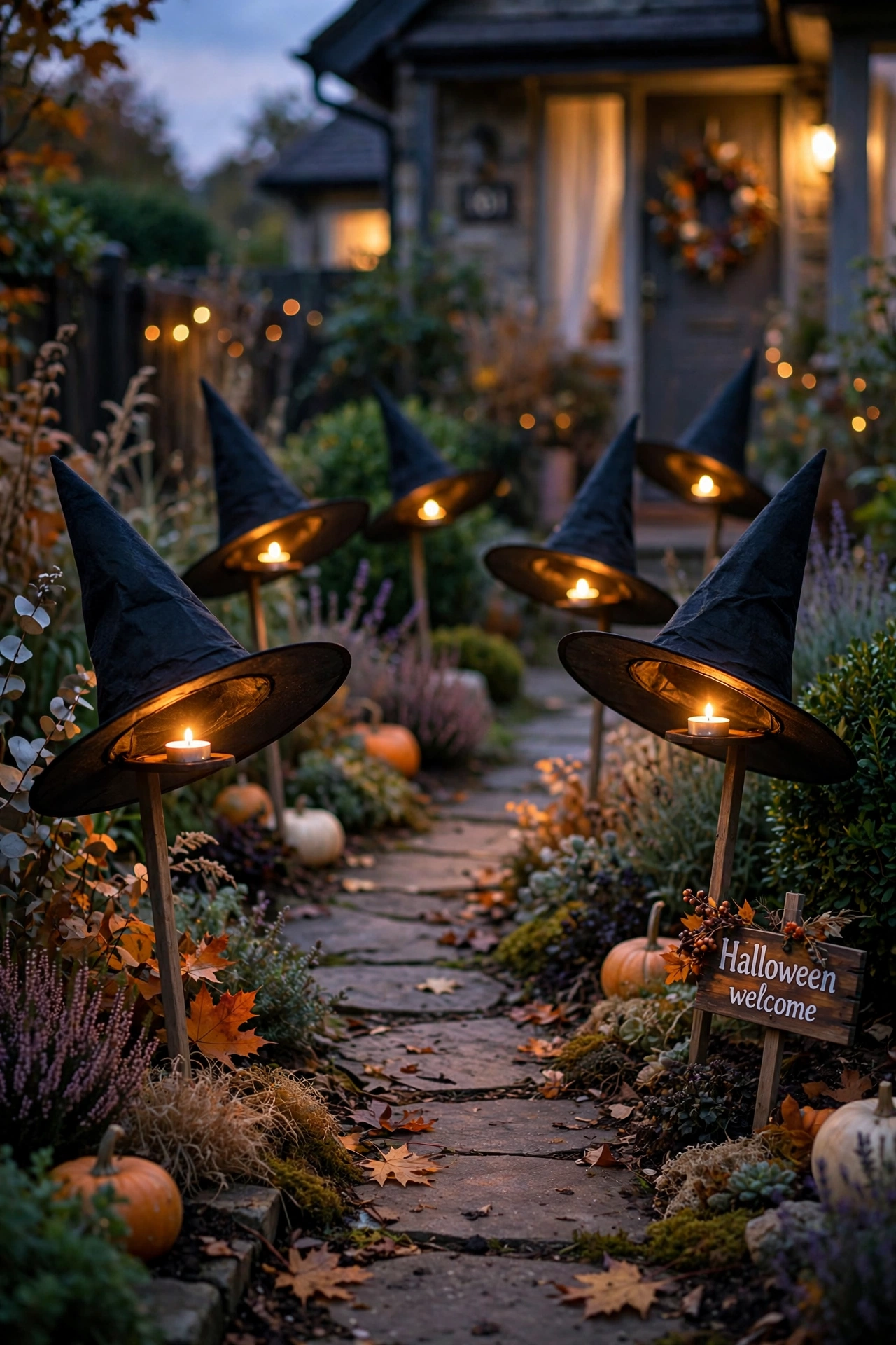 Witch hats on garden stakes tilted along a front garden path