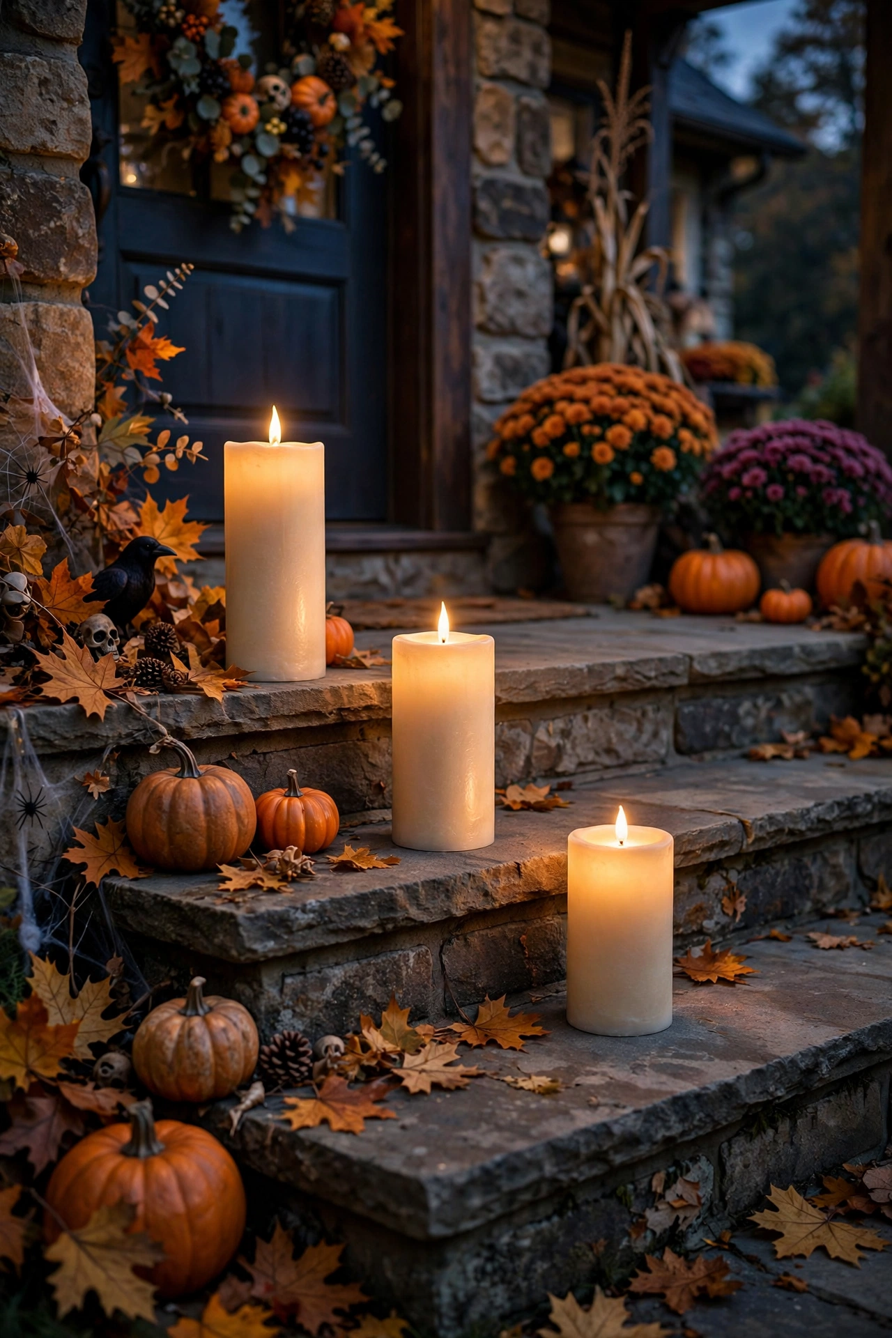Flickering fake pillar candles with timers on porch steps at dusk