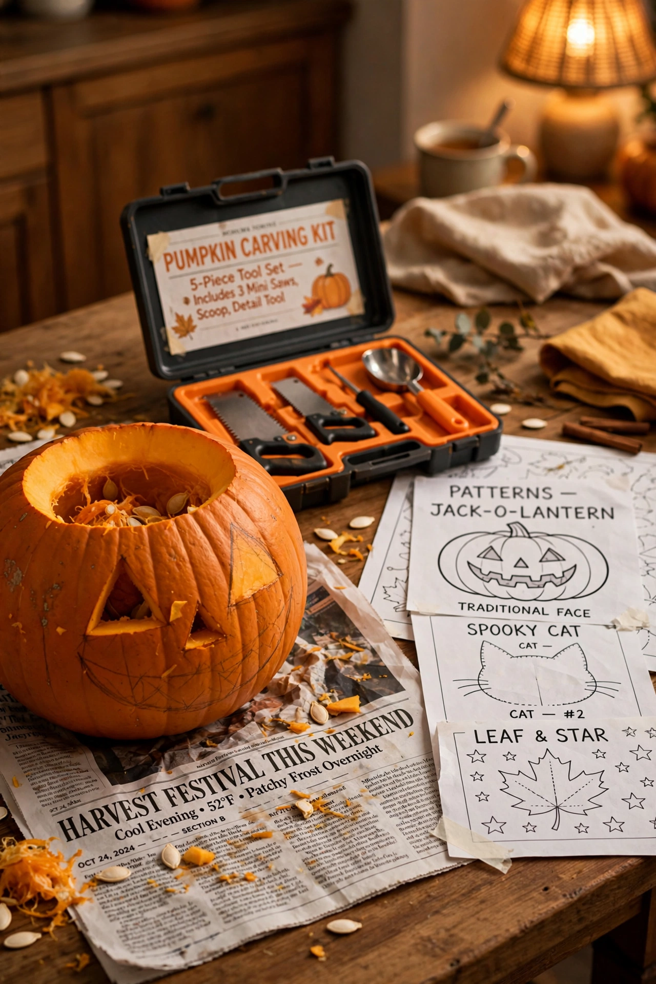 Pumpkin carving kit with small saws beside a half-carved jack-o-lantern