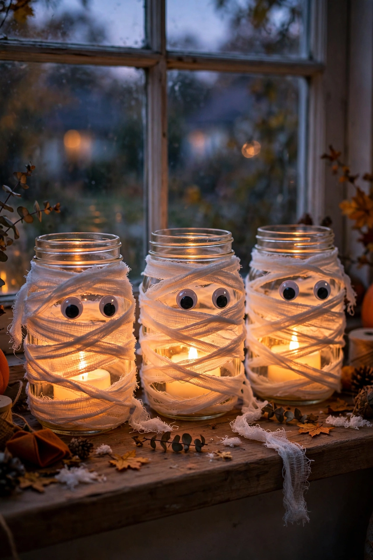 Mason jars wrapped in gauze with googly eyes glowing on a windowsill