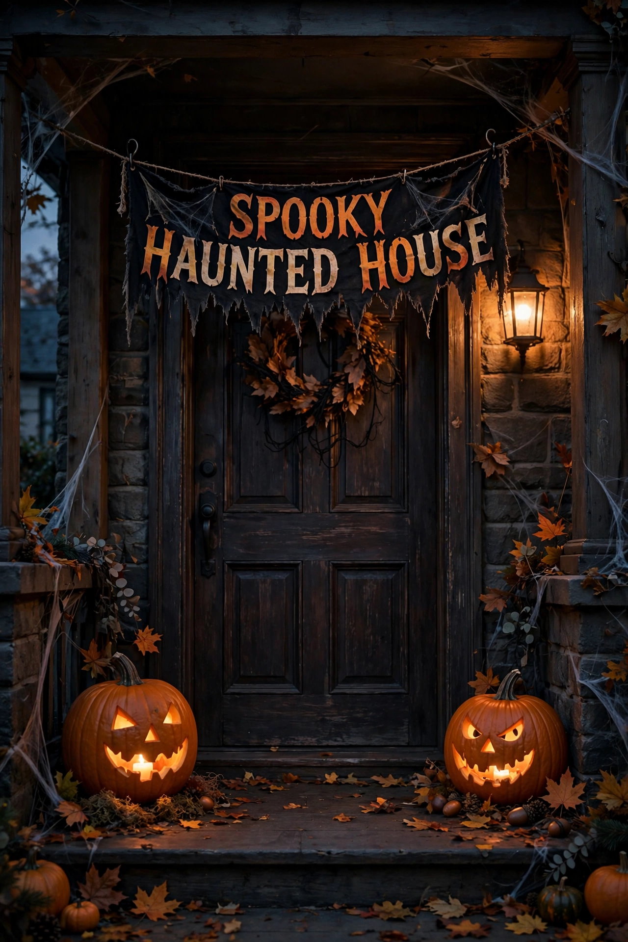 Haunted house banner hung across a front door with pumpkins beside it