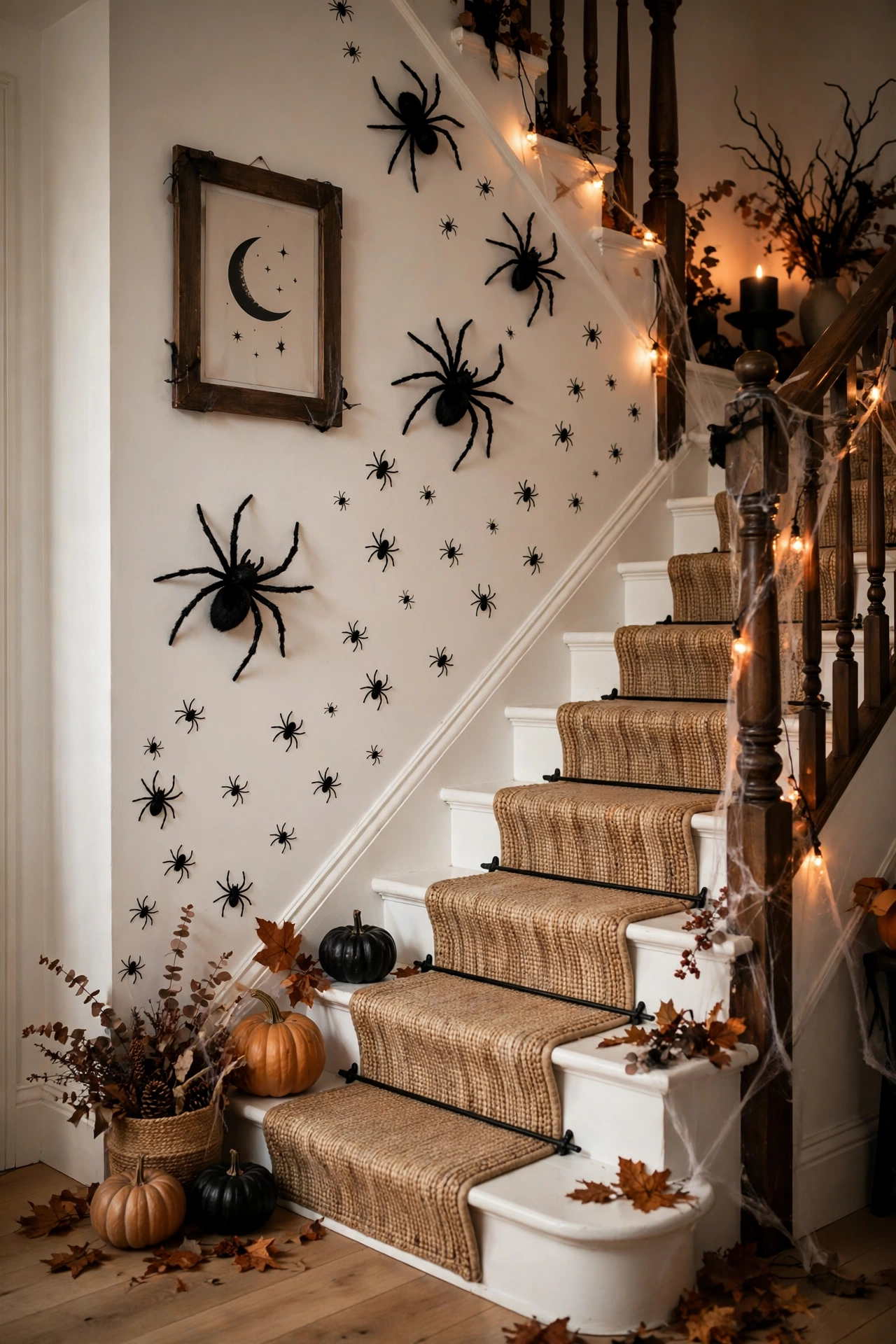Large spider wall decals climbing a staircase wall