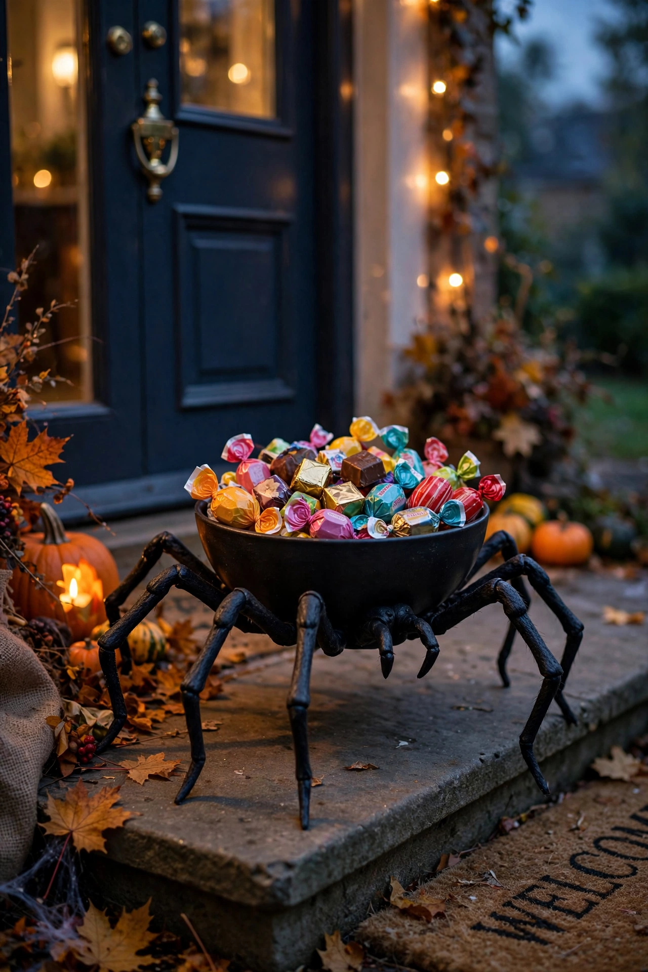 Black candy bowl with bendy spider legs filled with wrapped sweets