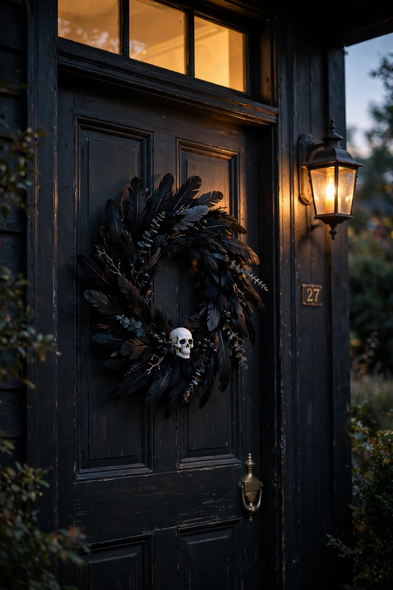 Black feather wreath with a small skull hanging on a front door