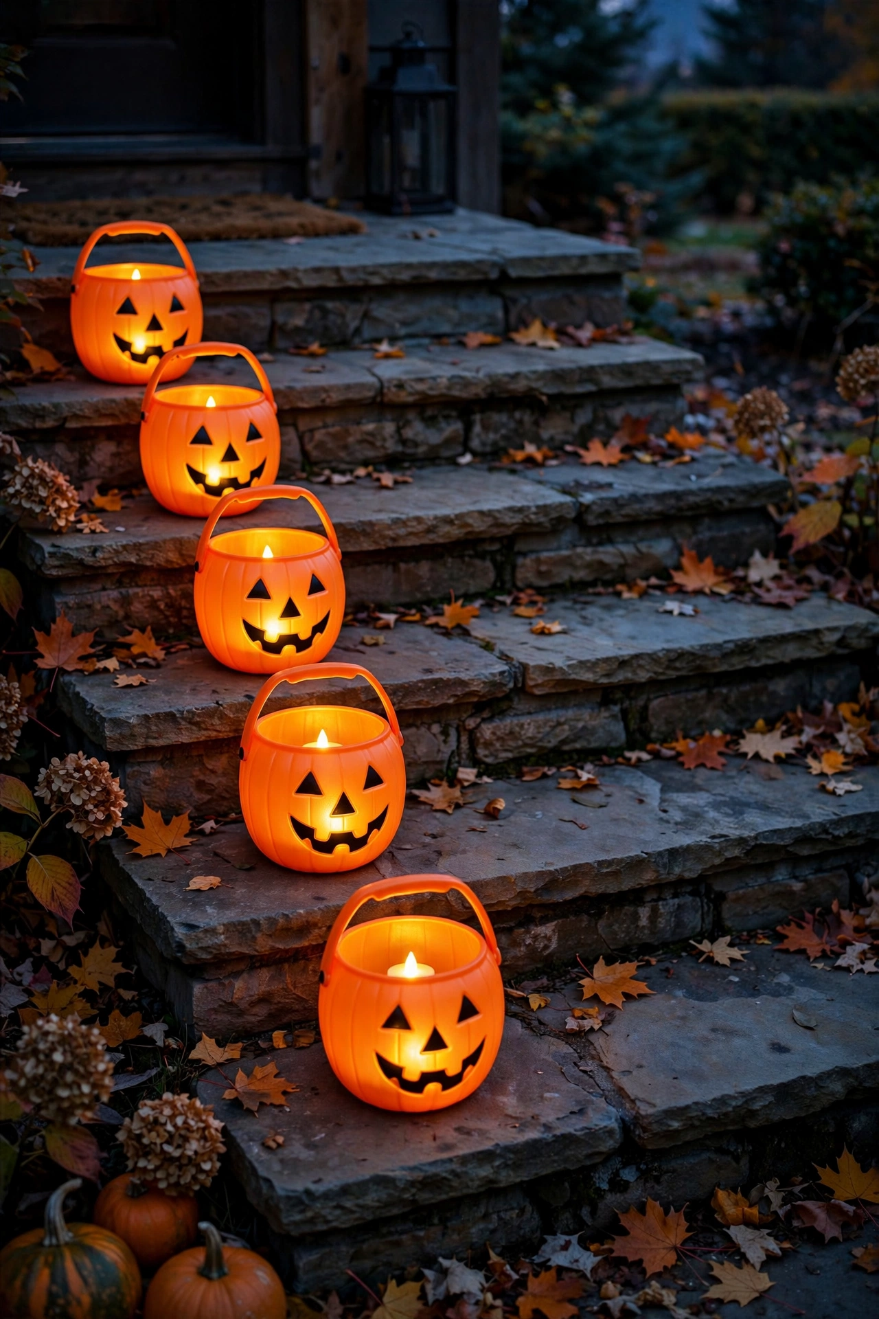 Plastic pumpkin buckets with tea lights glowing along front steps