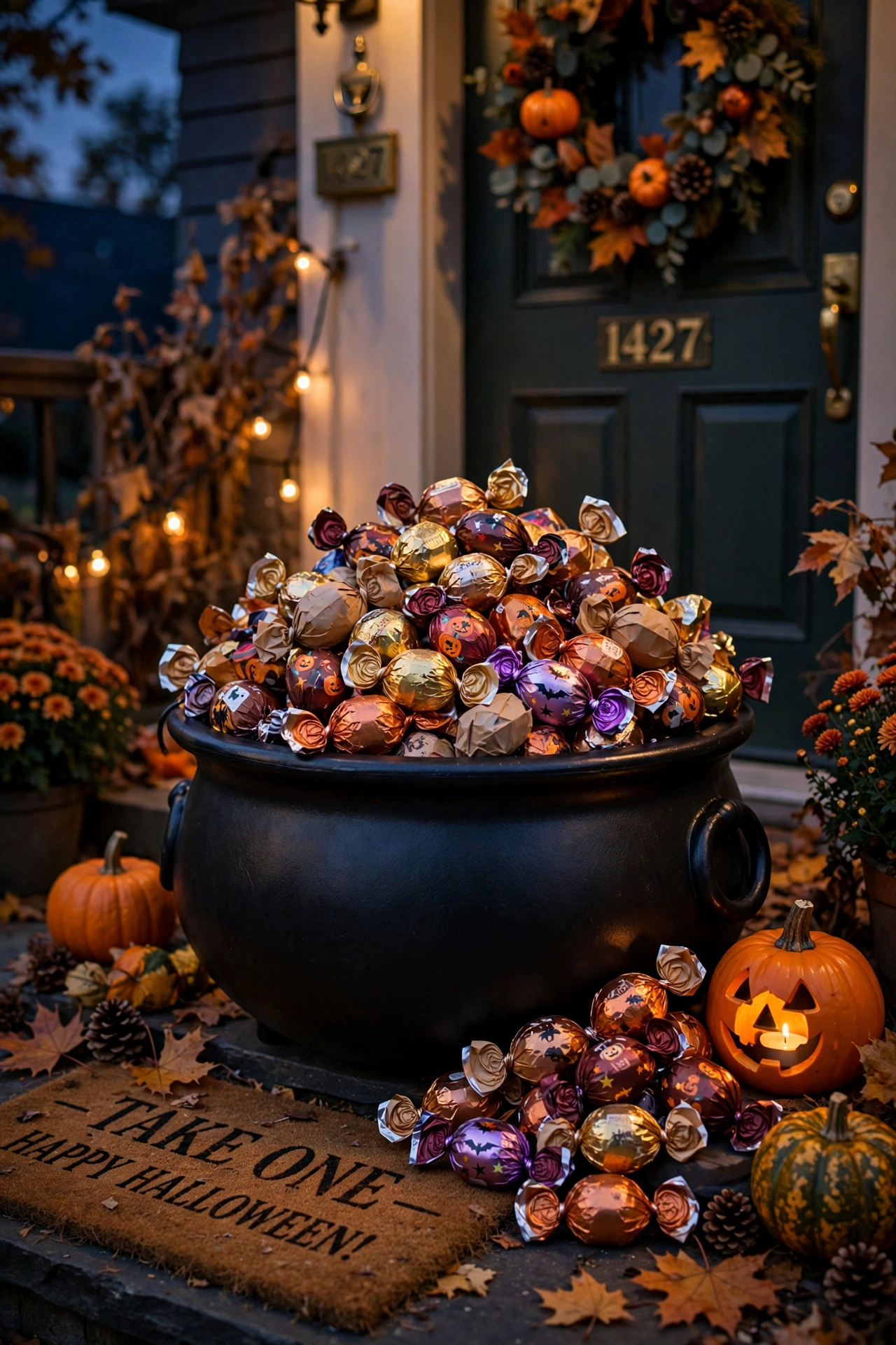 Black plastic cauldron piled high with wrapped chocolates by a door