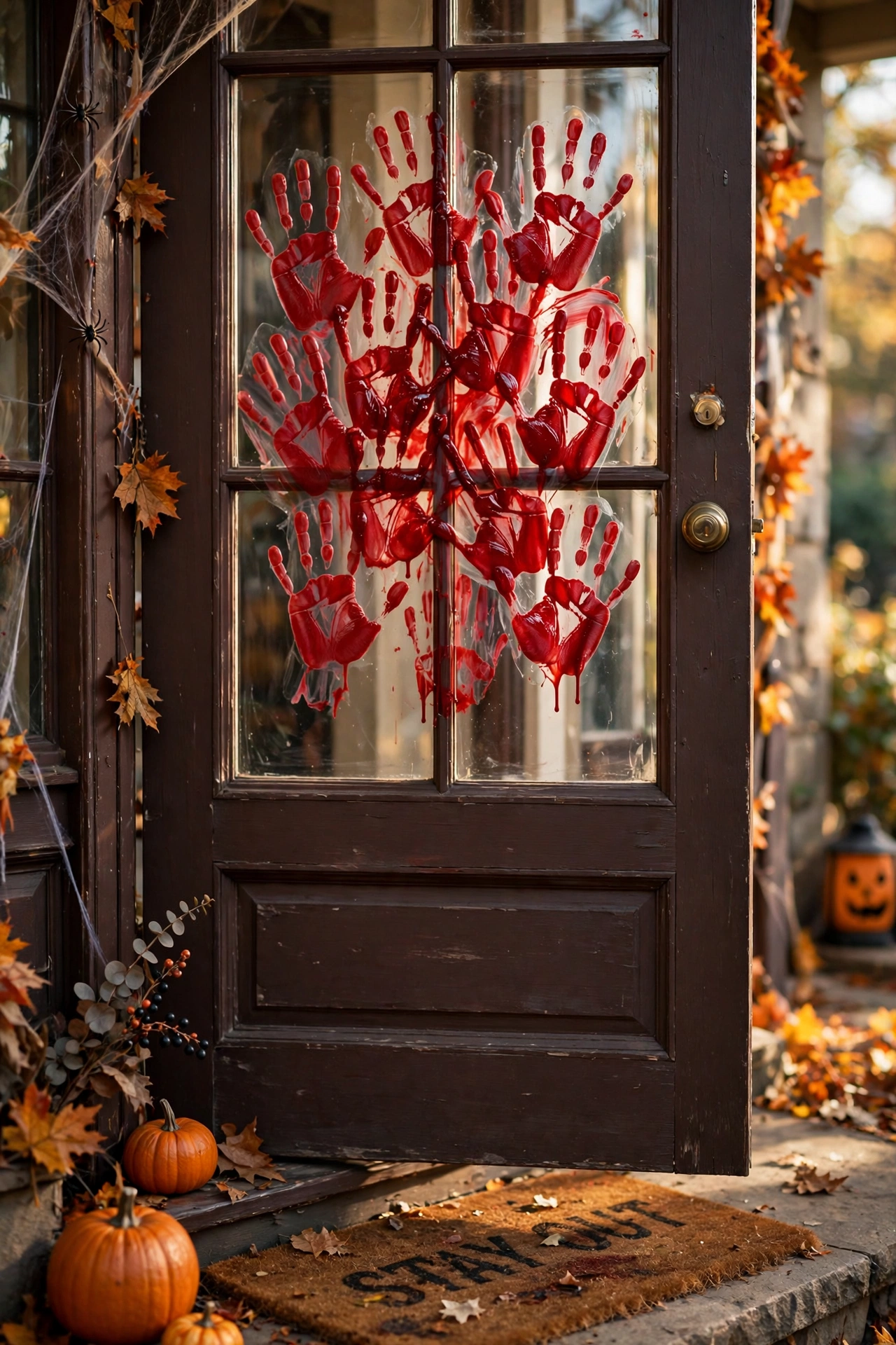 Bloody handprint window clings clustered on a front door glass