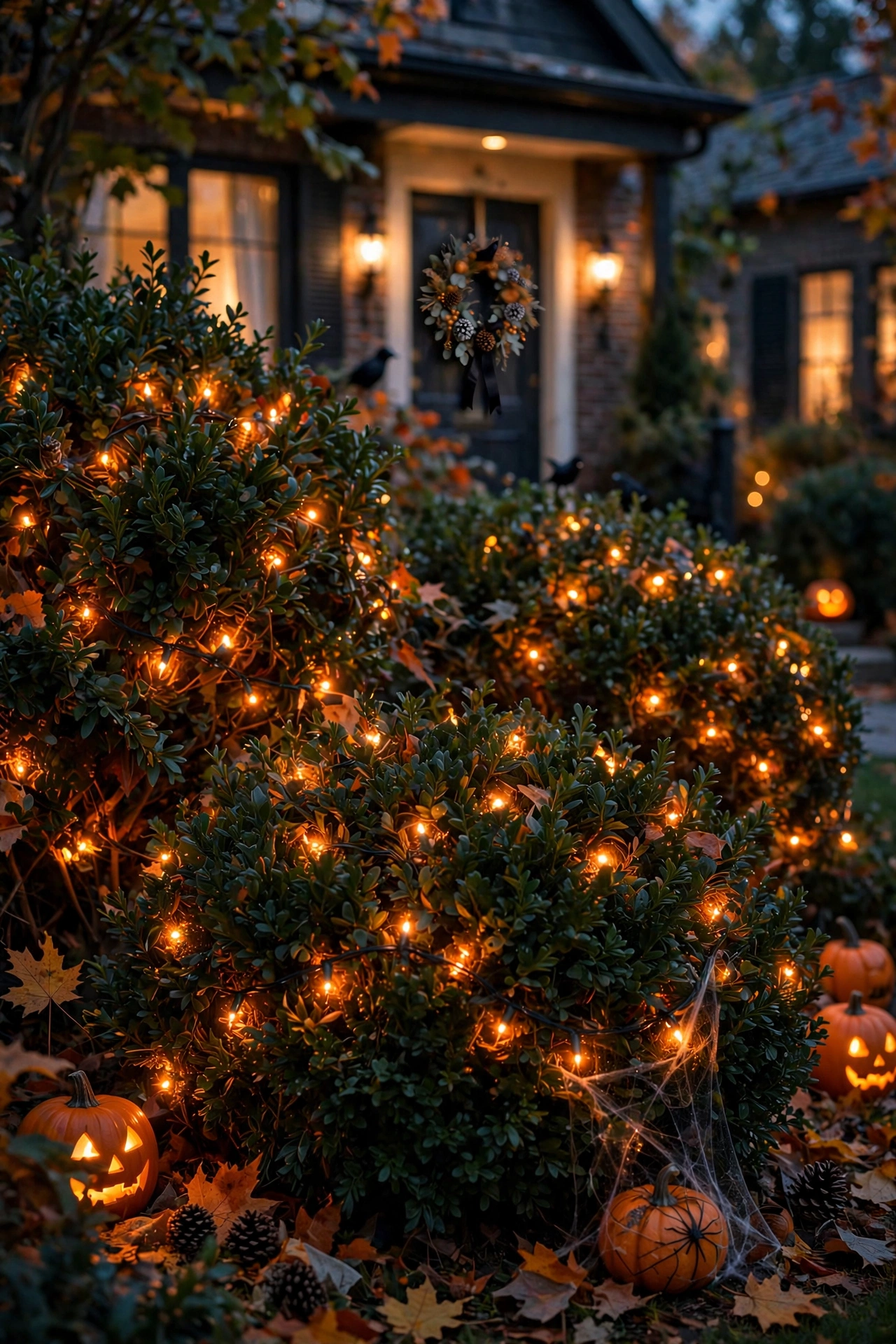 Orange fairy lights woven through front garden bushes at dusk