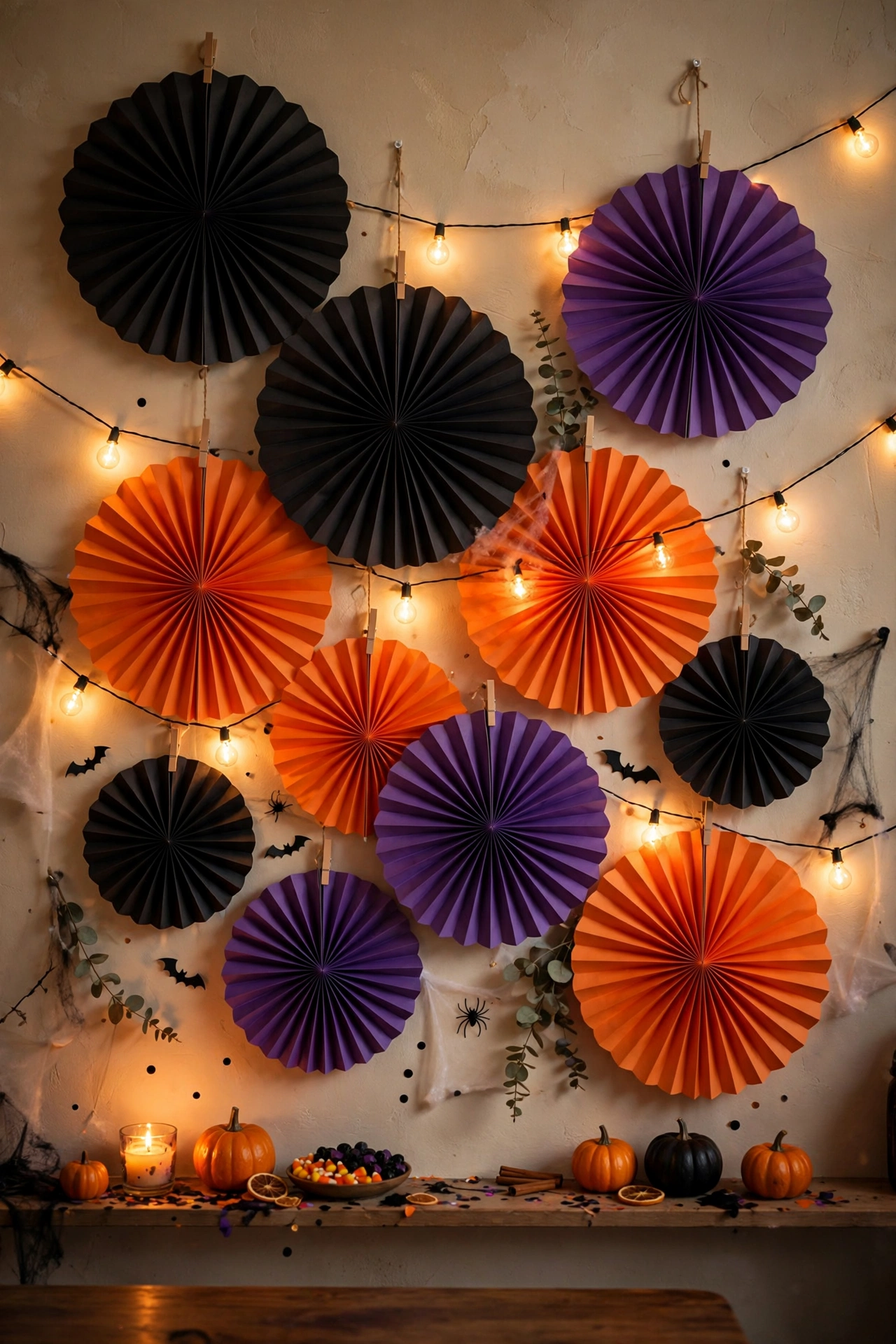 Black orange and purple paper fans hung at staggered heights on a wall
