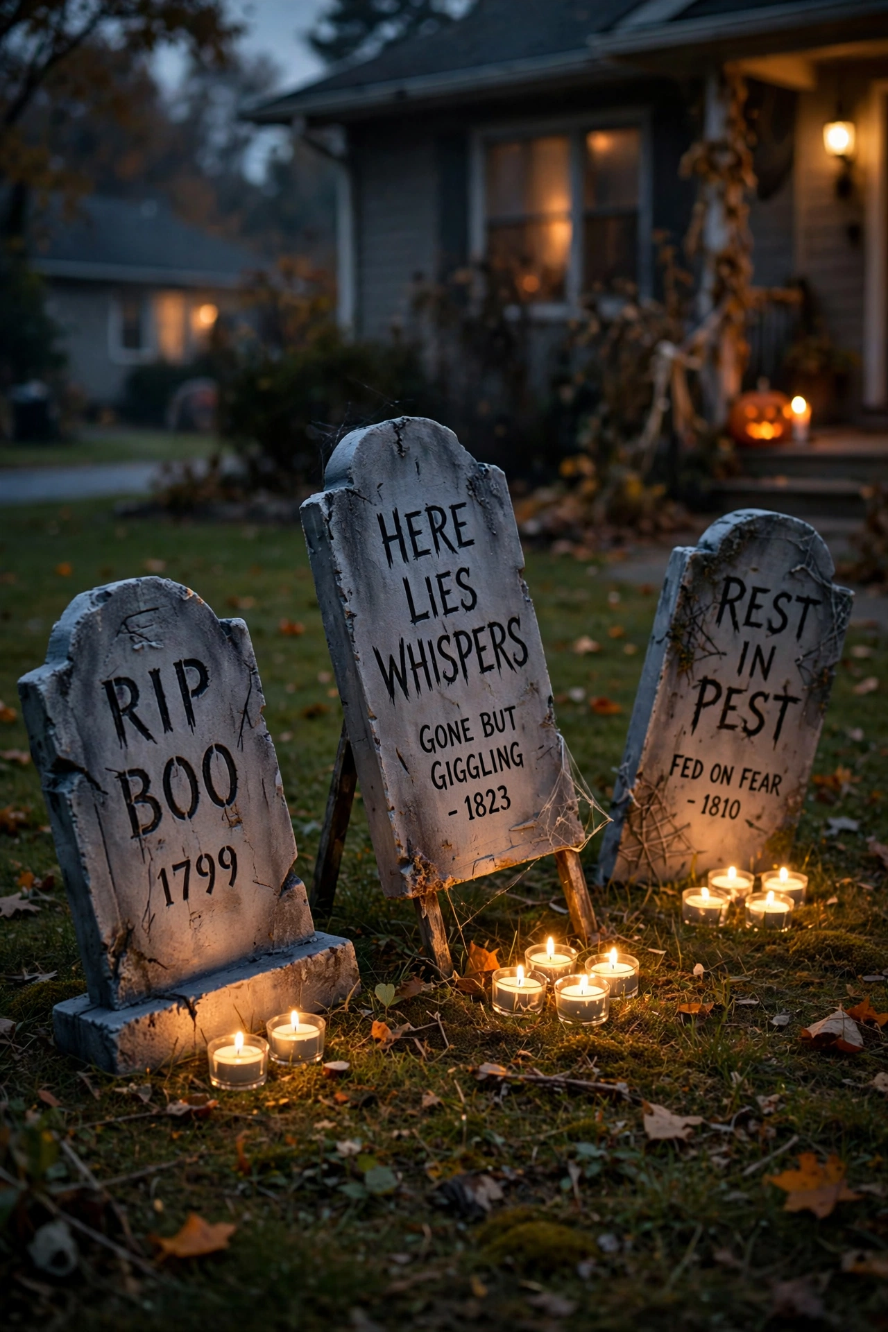 Foam tombstones staked crookedly in a front lawn with tea lights