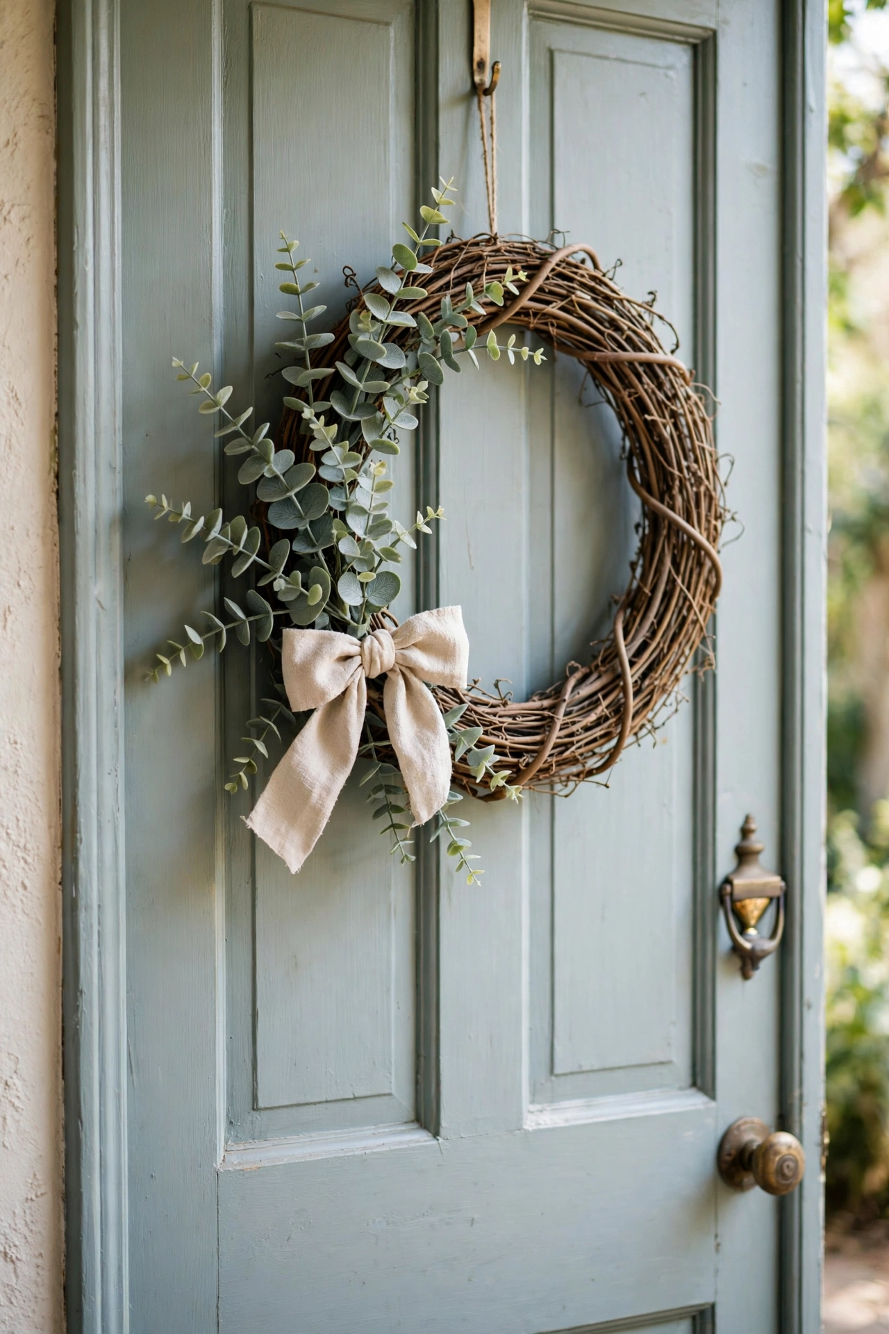 Grapevine wreath with faux eucalyptus sprigs and a linen bow on a front door