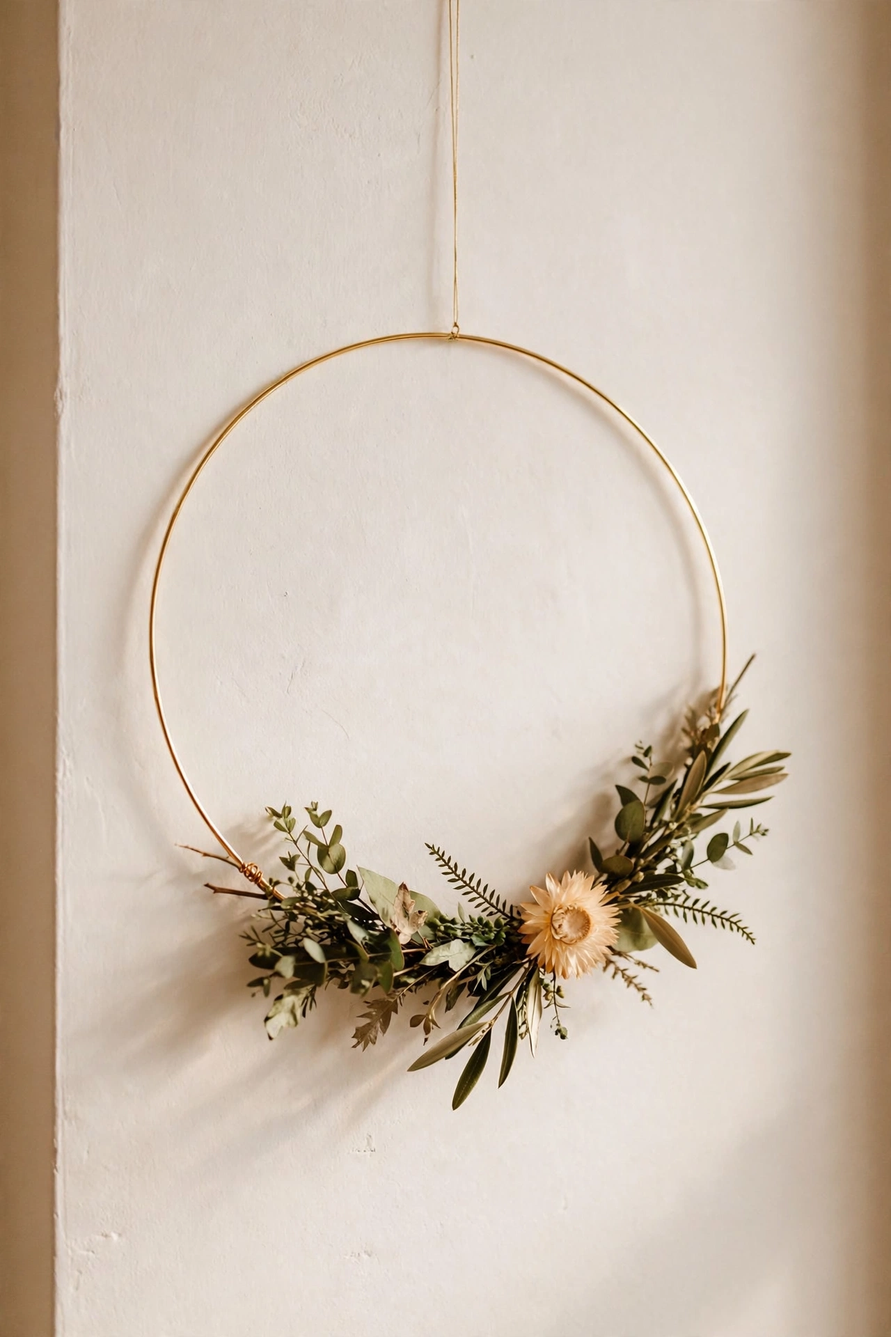 Minimalist gold hoop wreath with greenery on the lower third