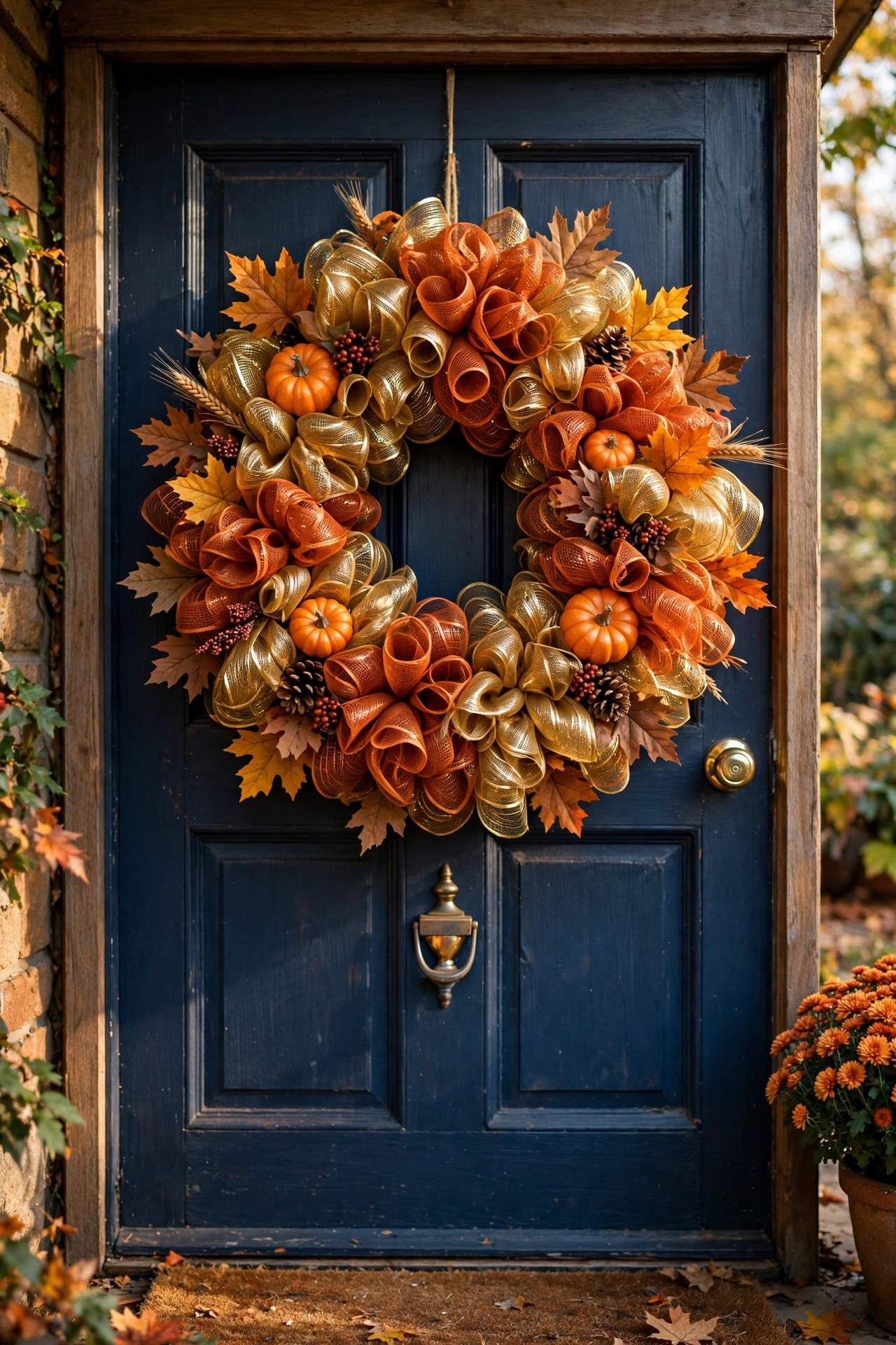 Full deco mesh harvest wreath in burnt orange and gold on a door