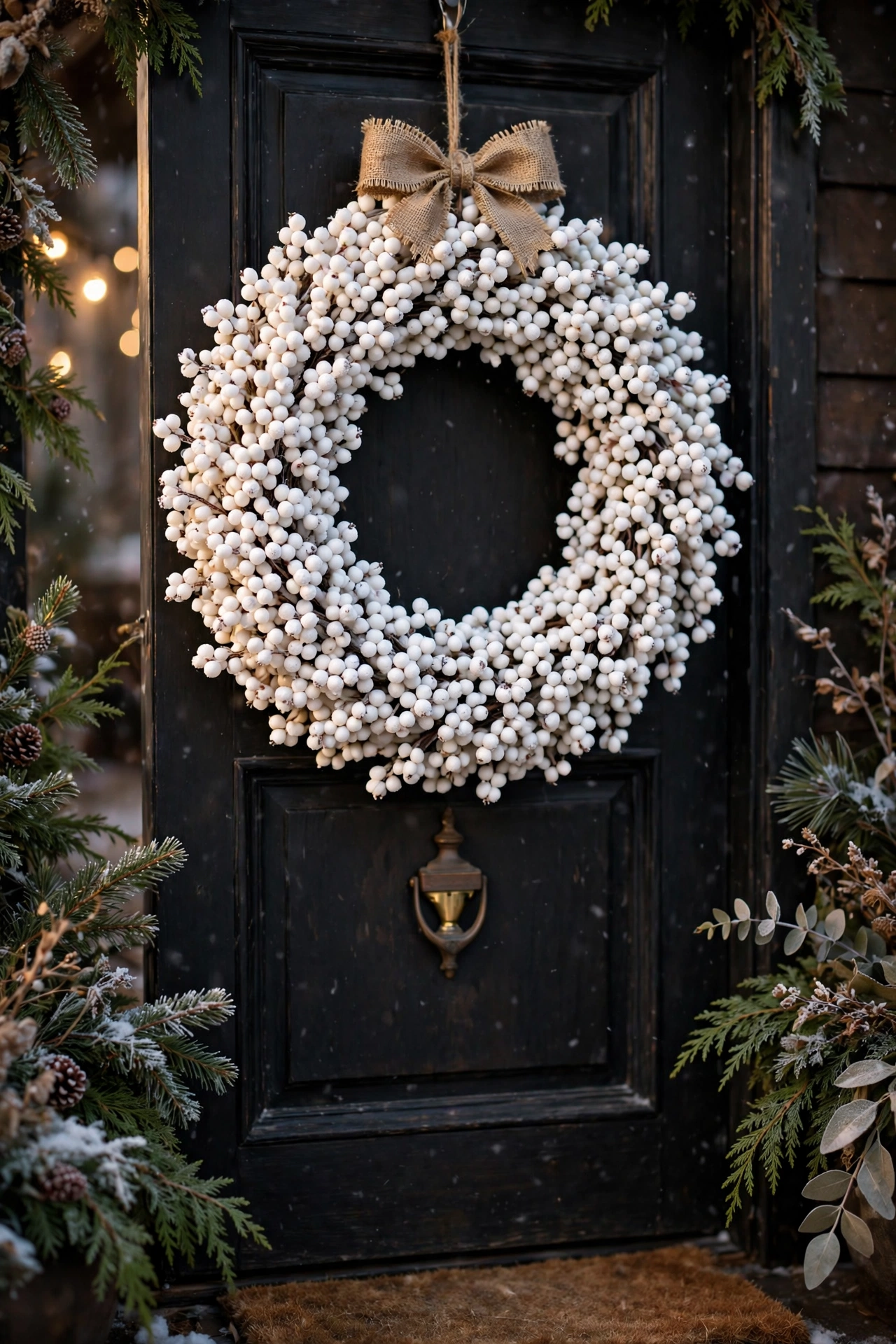 White berry wreath with a burlap bow fully covering a foam ring