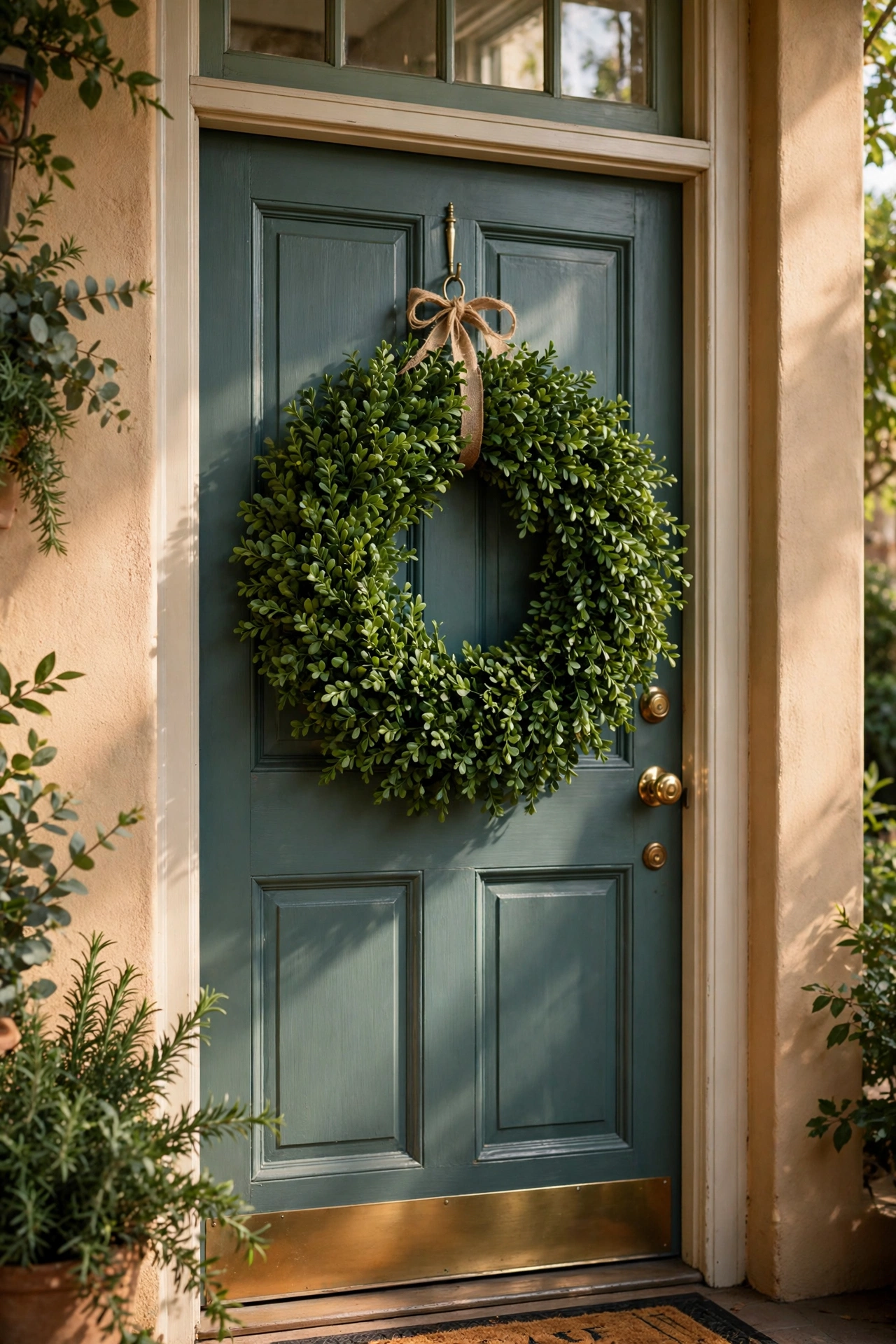 Lush faux boxwood wreath on a painted front door