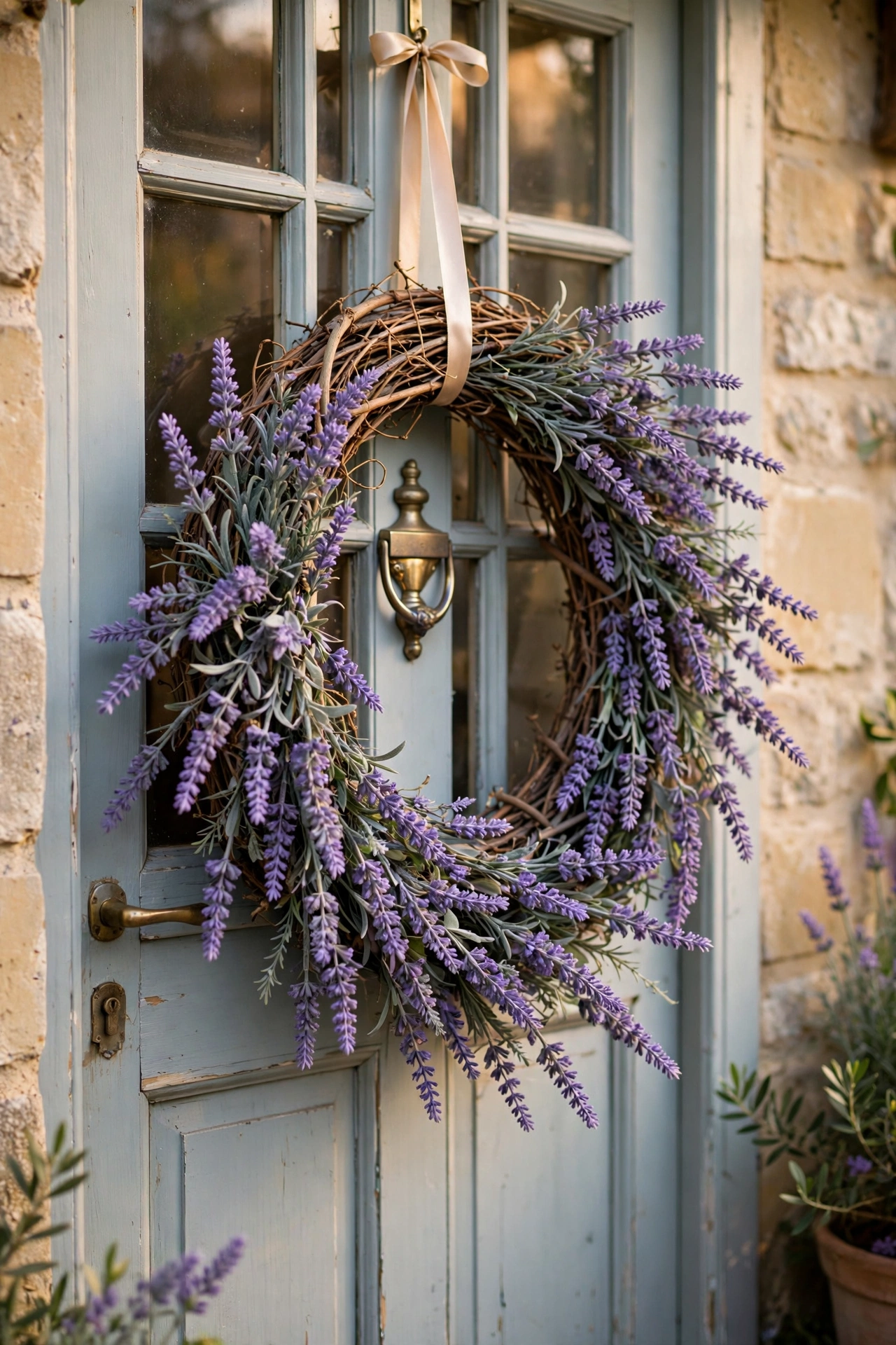 Faux lavender bunches wired onto a grapevine wreath with satin ribbon
