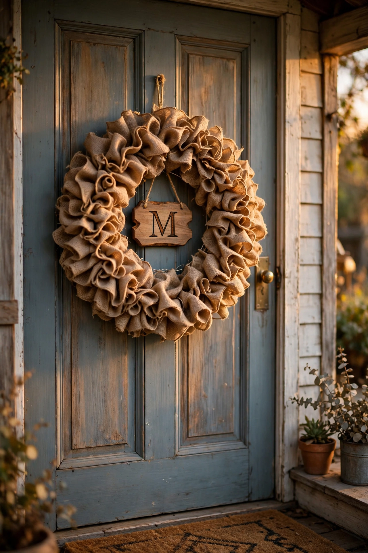 Ruffled burlap wreath with a wooden initial on a porch door
