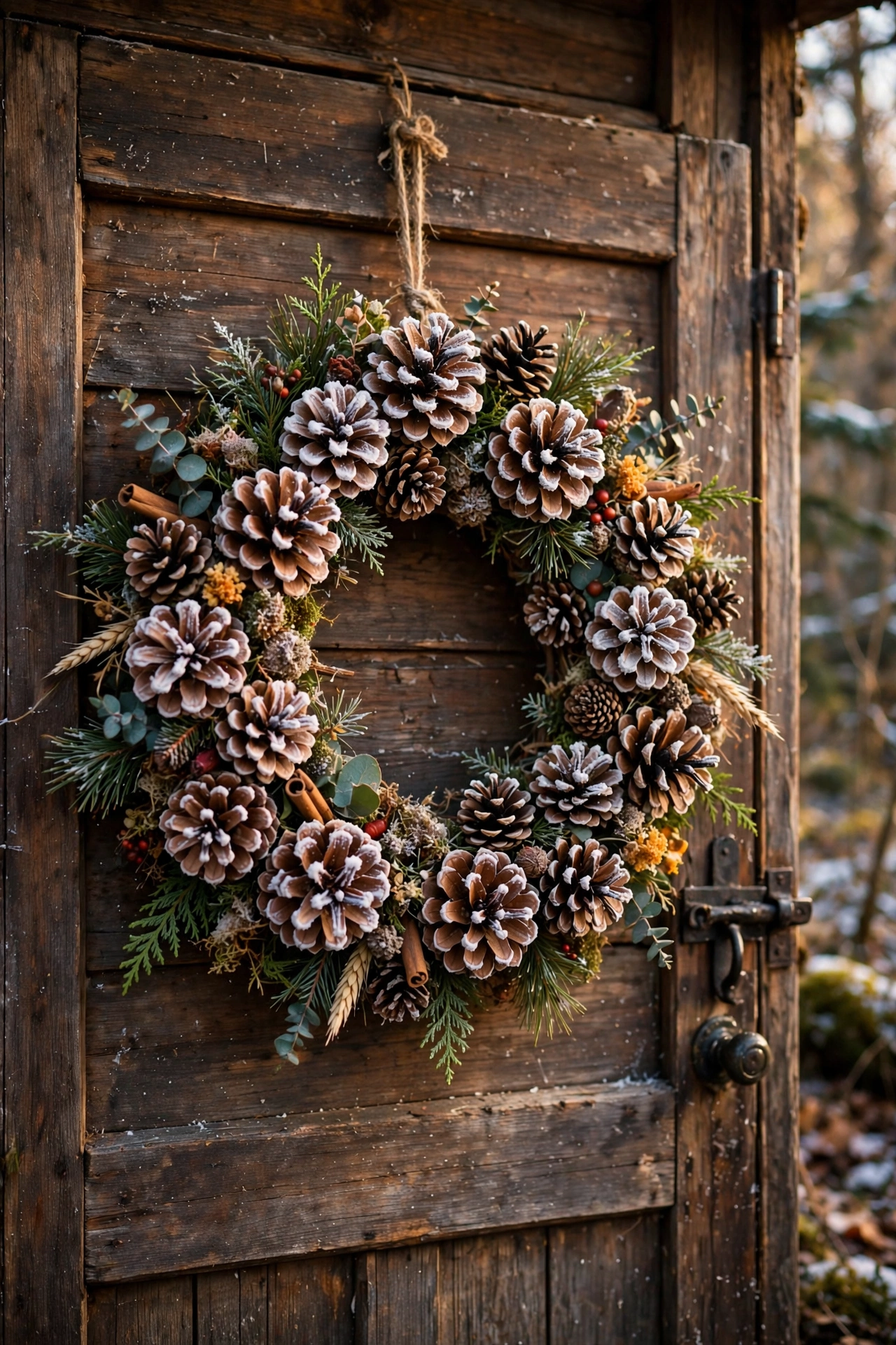 Rustic pinecone wreath with frosted tips on a wooden door
