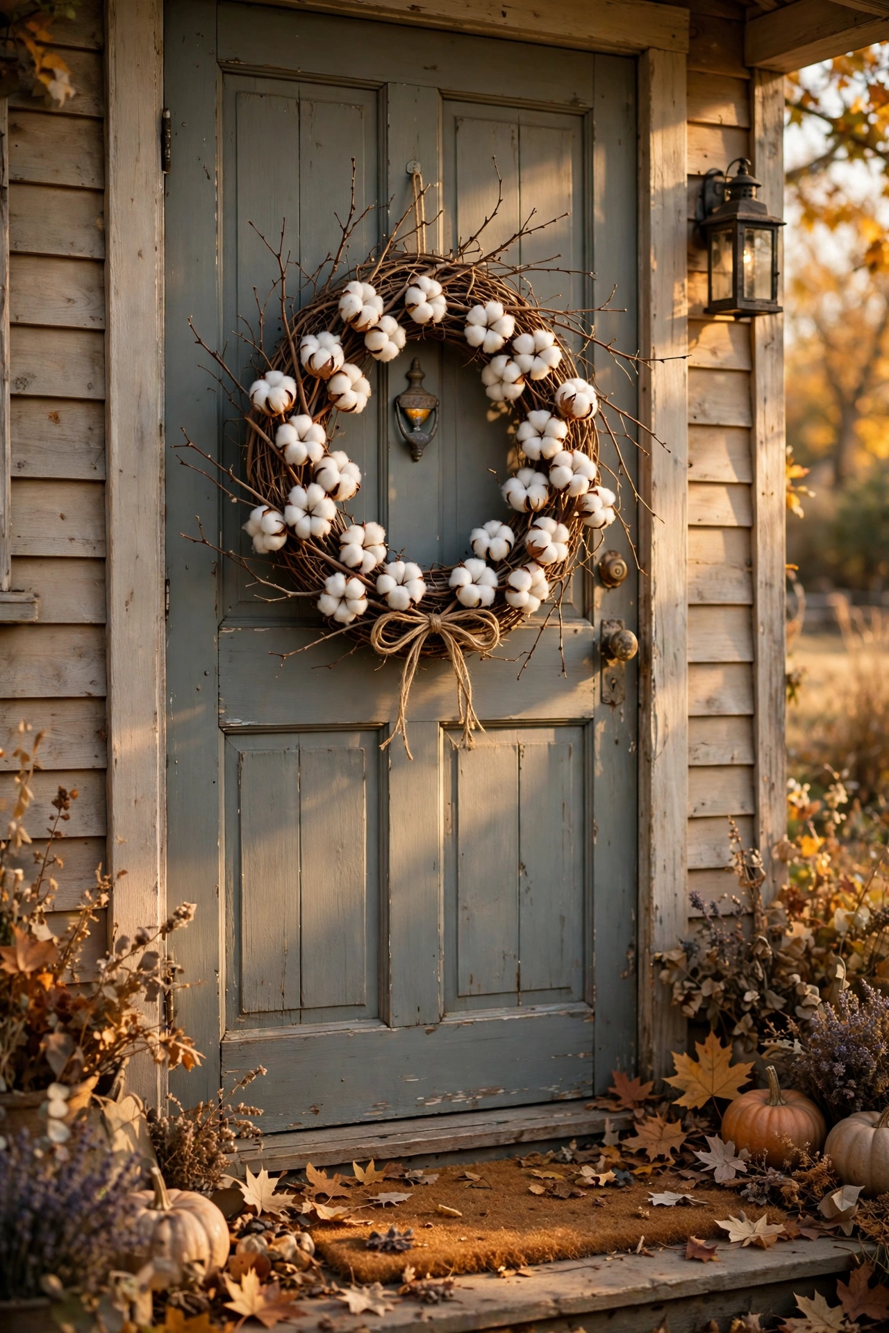 Faux cotton boll stems clustered on a grapevine wreath with twine bow
