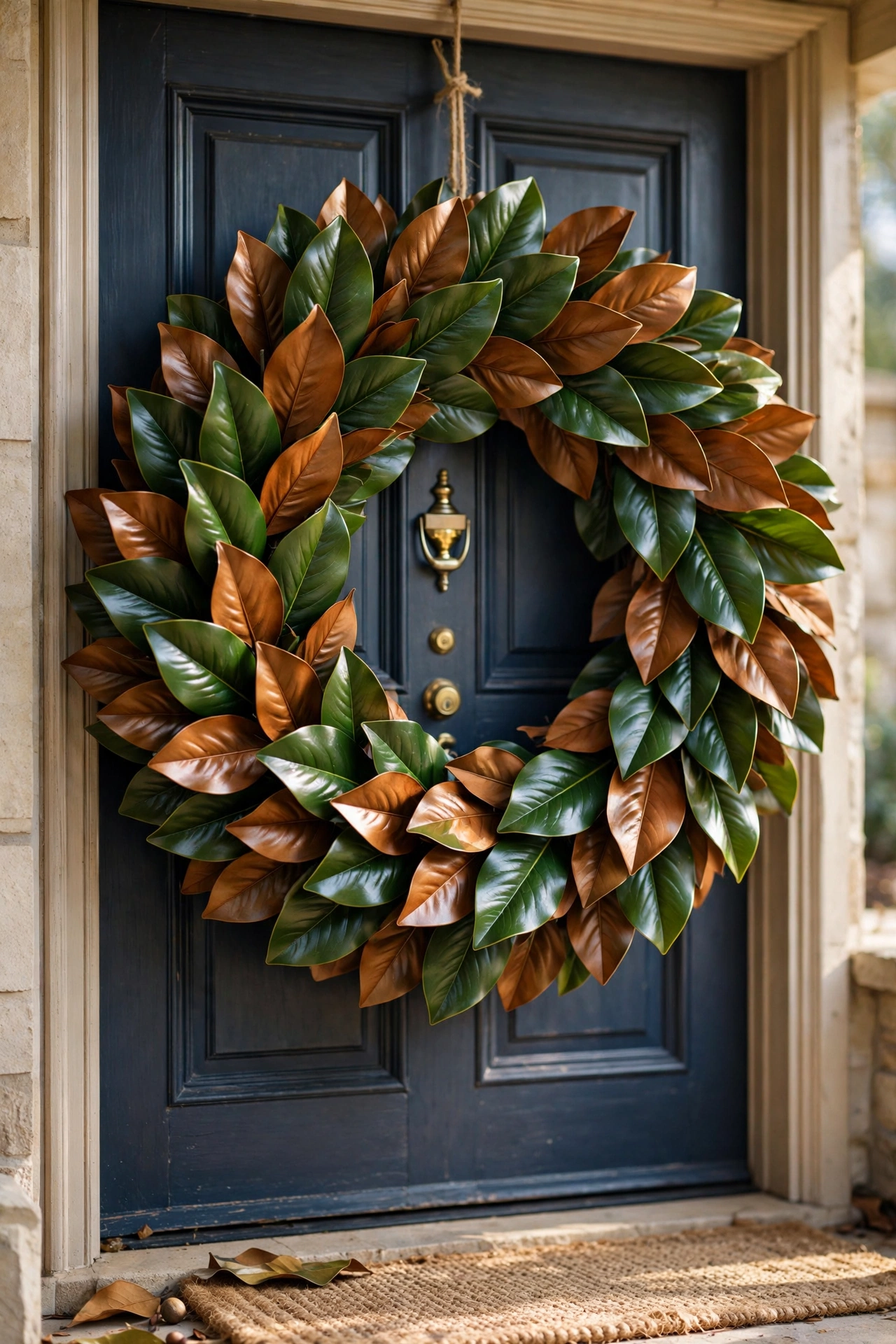 Glossy faux magnolia leaf wreath layered on a foam ring