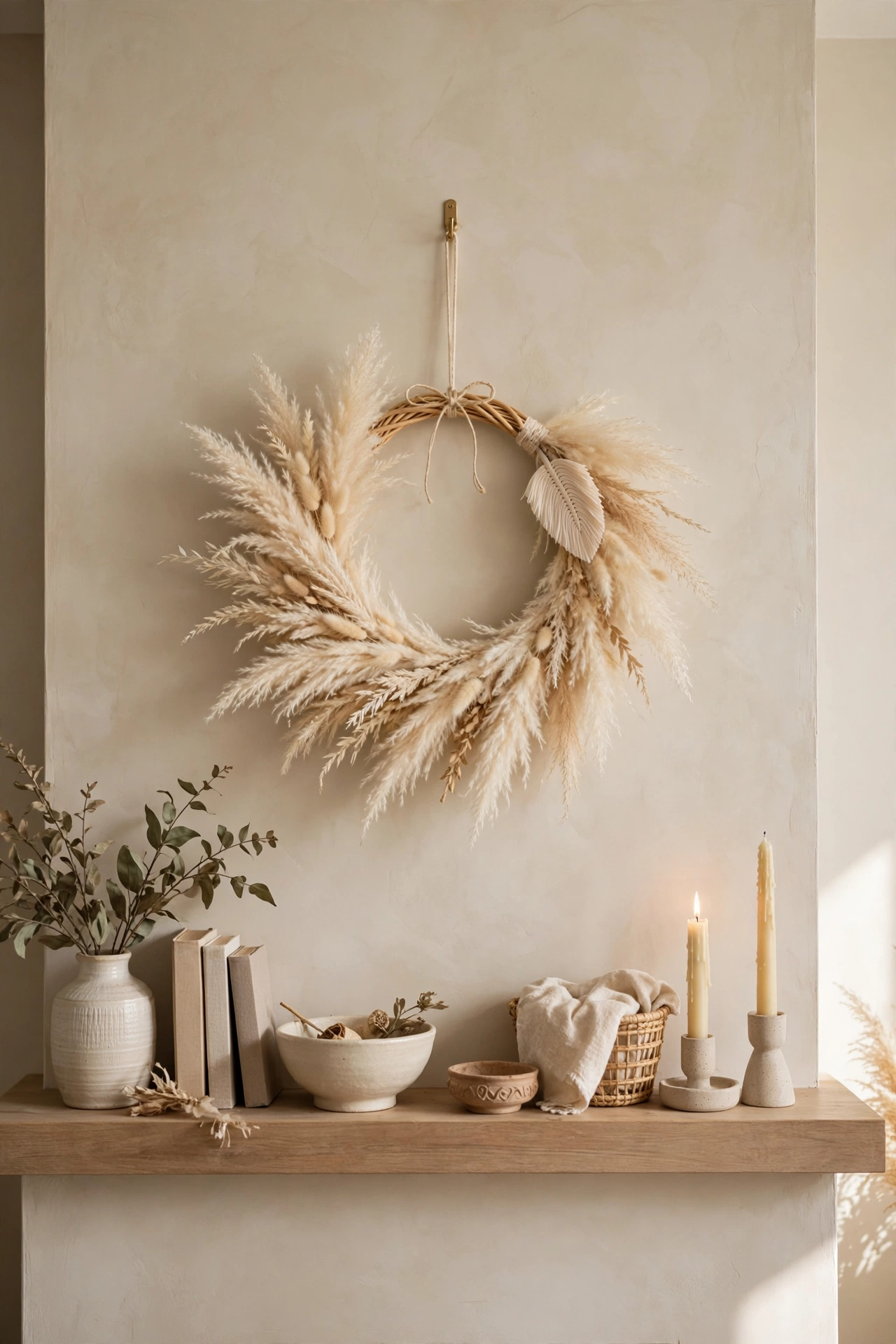 Soft faux pampas grass wreath in neutral tones above a mantel