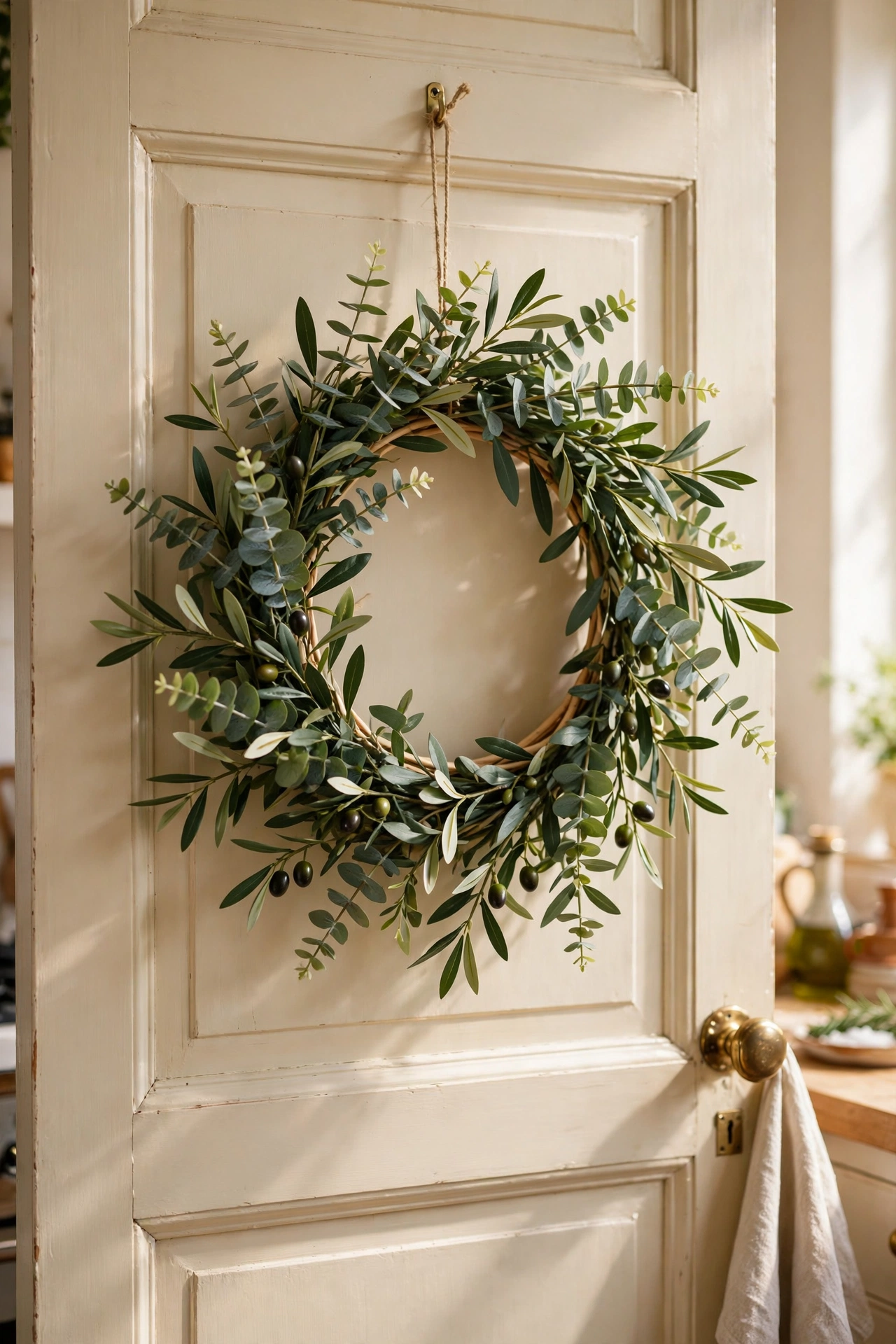 Eucalyptus and olive branch wreath in green tones on a kitchen door