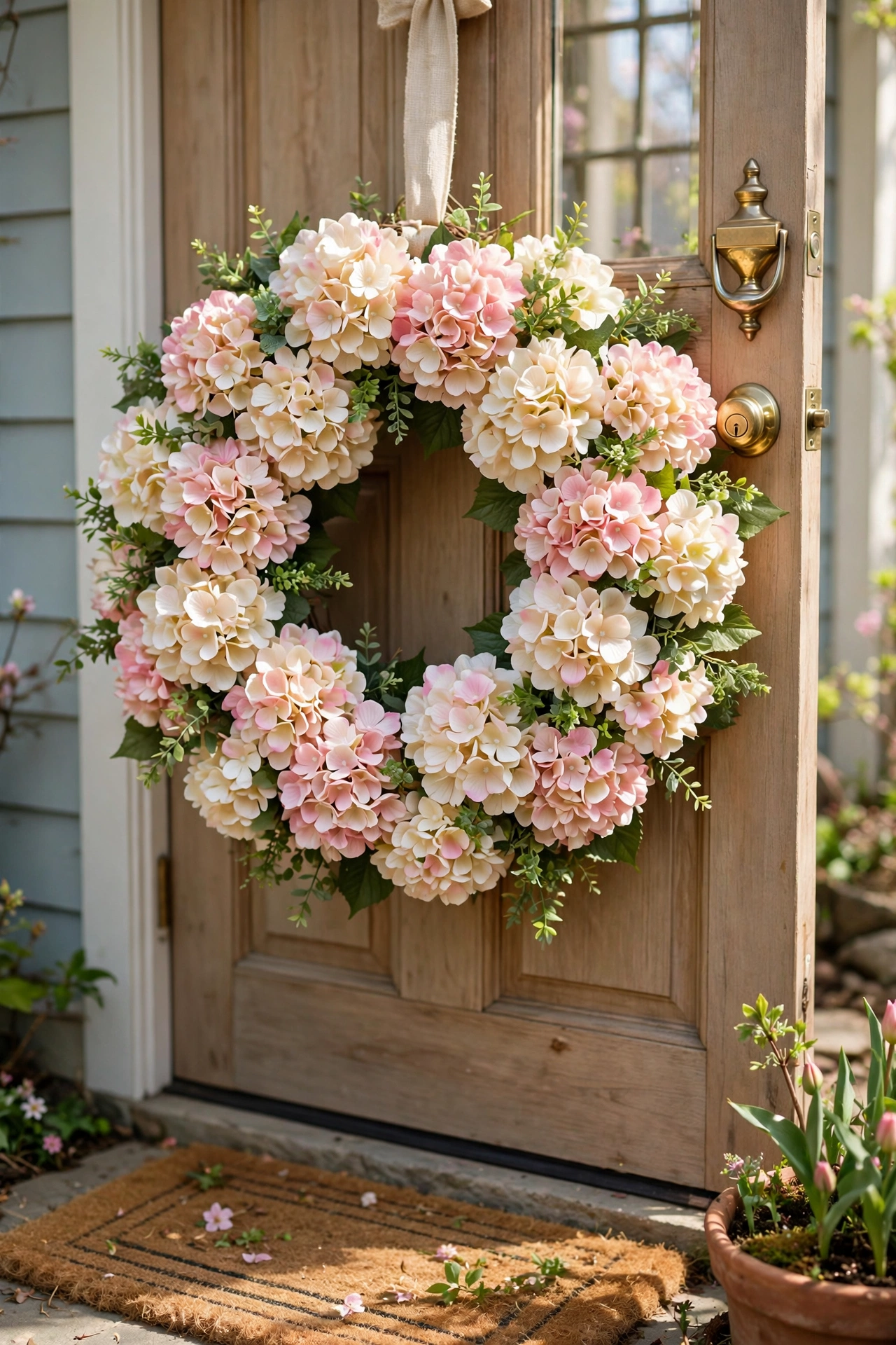 Lush faux hydrangea wreath in cream and blush on a spring door