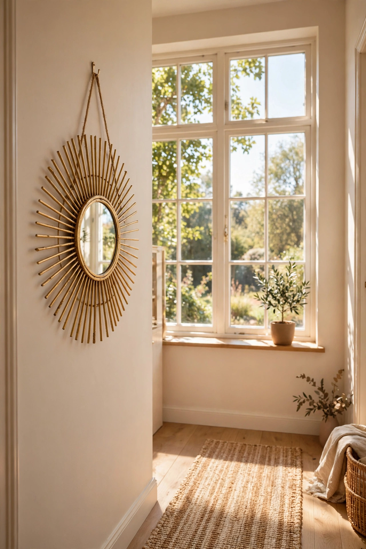 Gold sunburst mirror wreath with radial skewers in a hallway