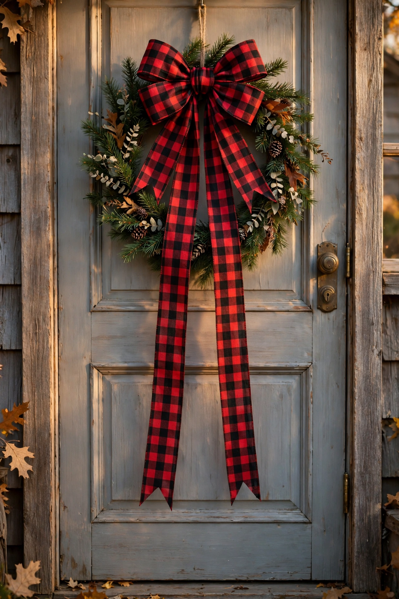 Greenery wreath with an oversized plaid bow on a farmhouse door