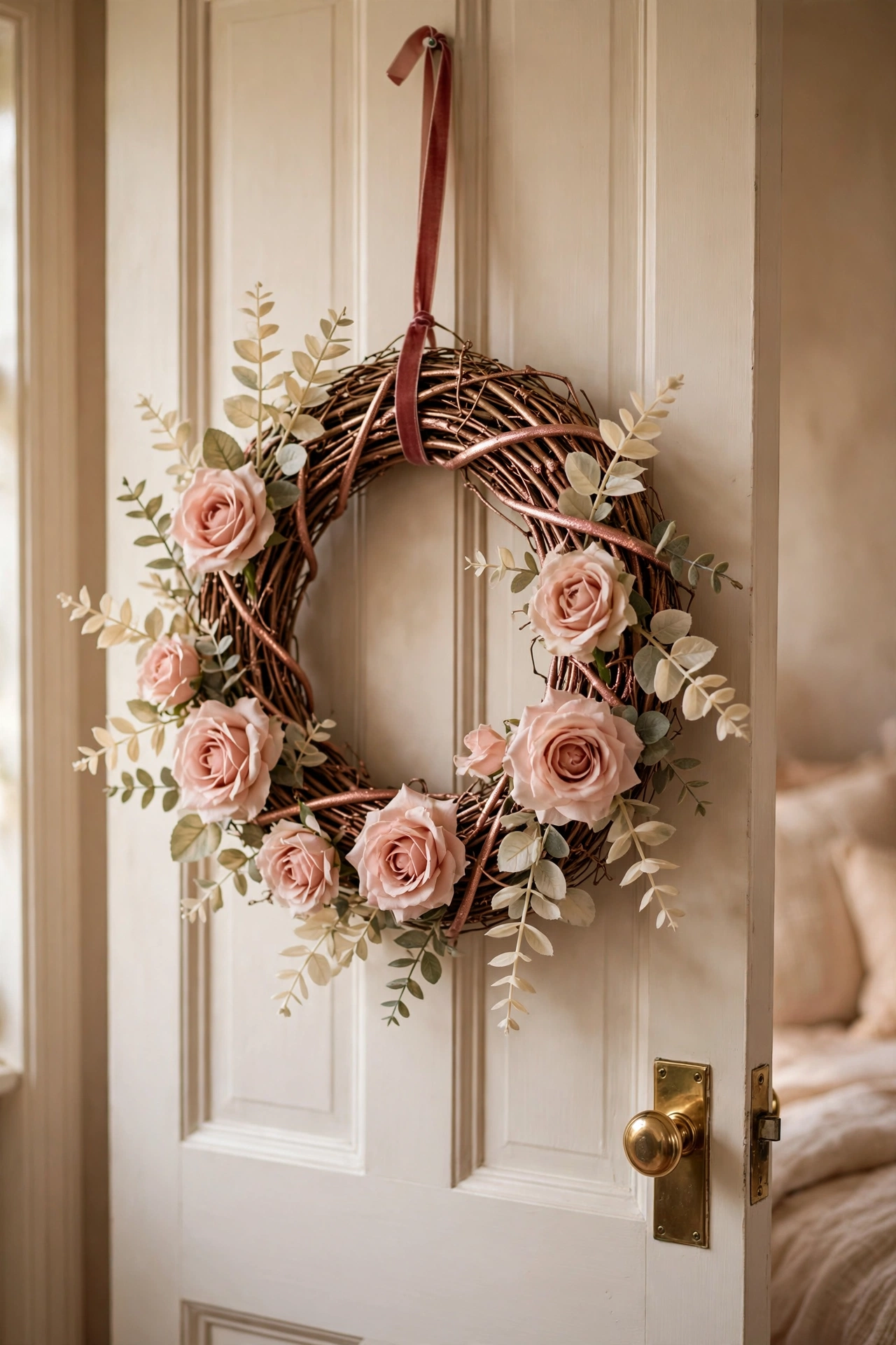 Rose gold sprayed grapevine wreath with blush roses on a bedroom door