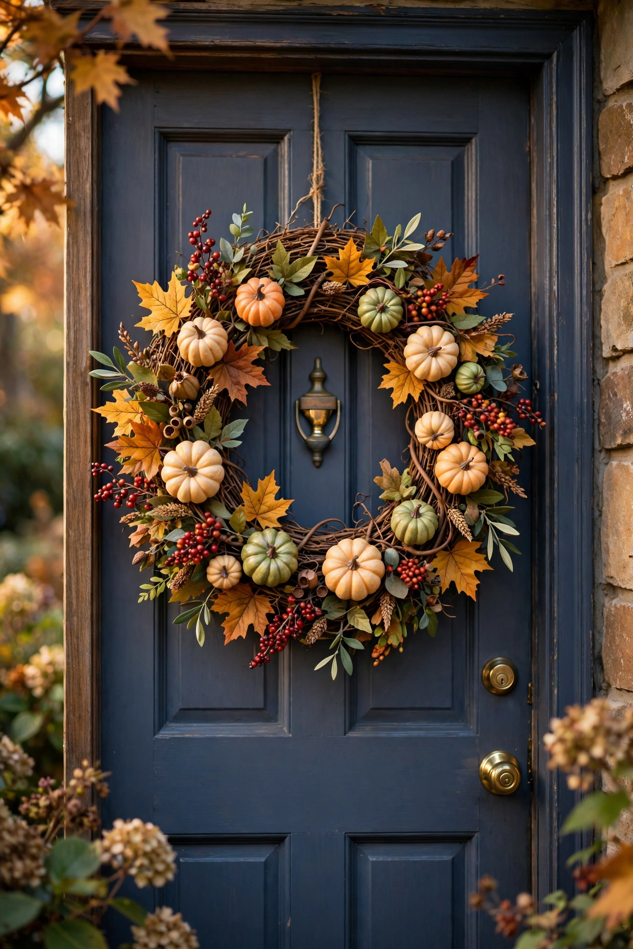 Fall wreath with mini pumpkins and maple leaves on a grapevine ring