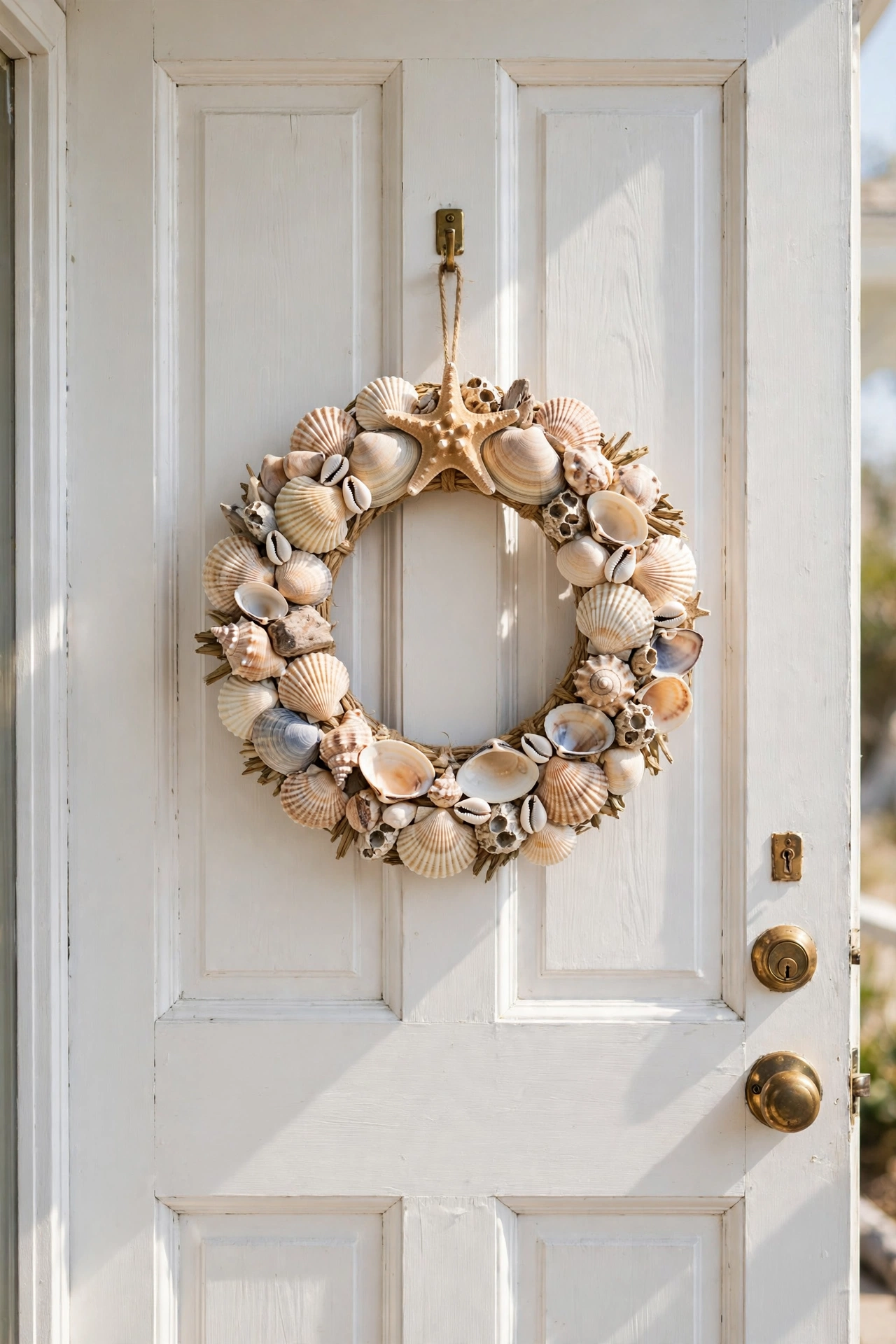 Coastal seashell wreath with starfish on a beach-style door