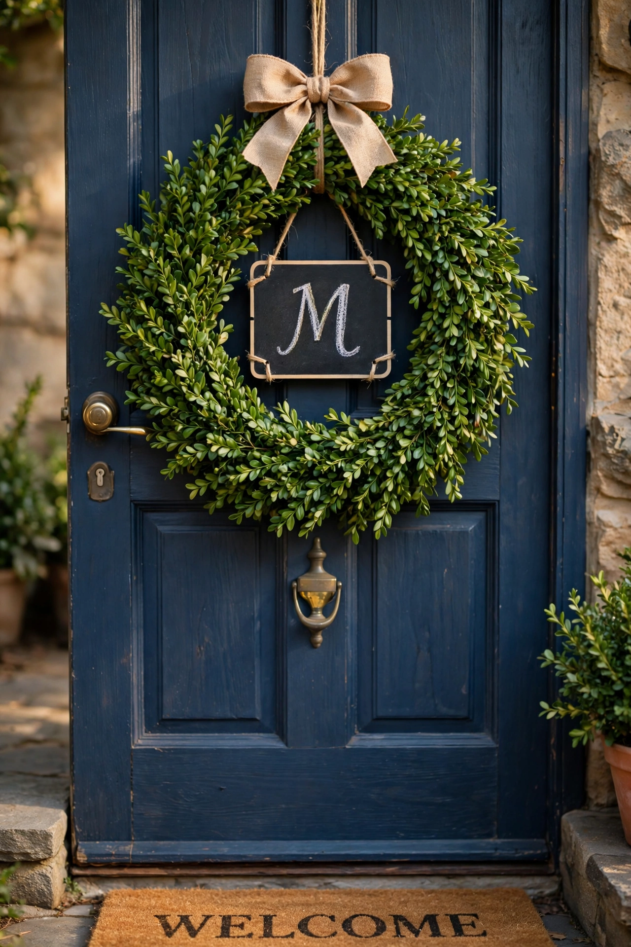 Boxwood wreath with a chalkboard monogram plaque and bow
