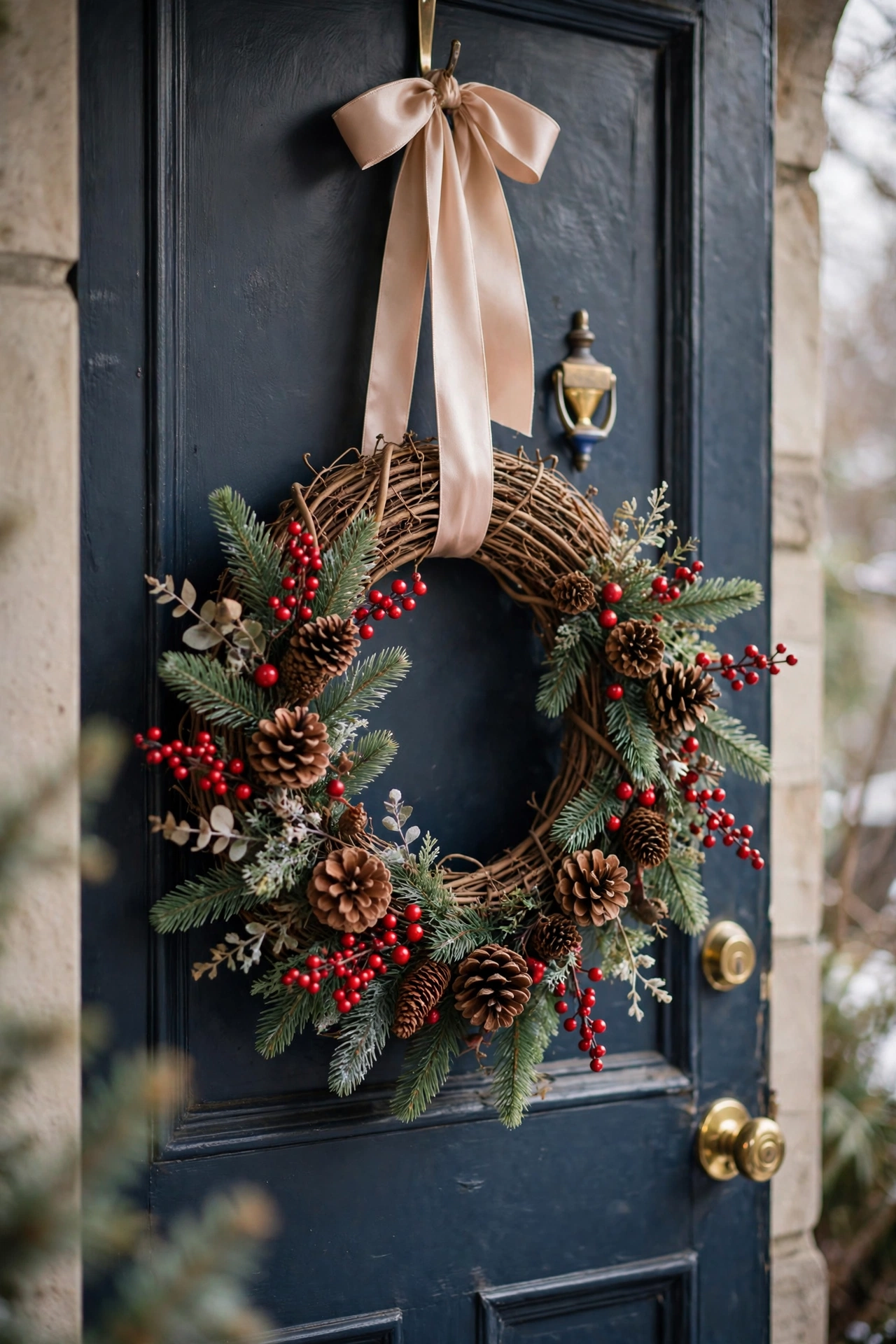 Winter wreath of pinecones and red berries on a grapevine ring