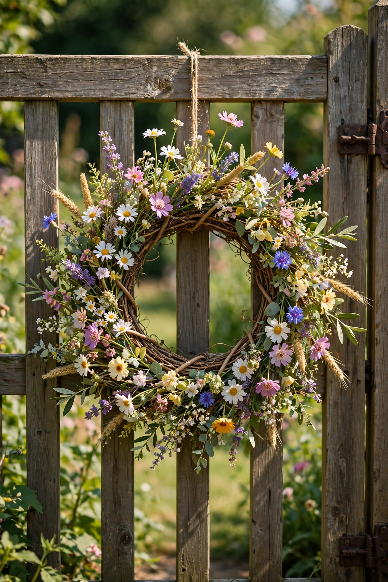 Wildflower wreath with mixed faux blooms on a garden gate