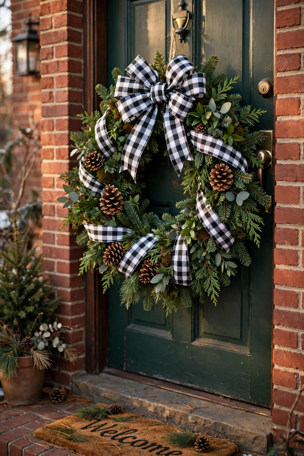 Buffalo check ribbon woven through an evergreen winter wreath