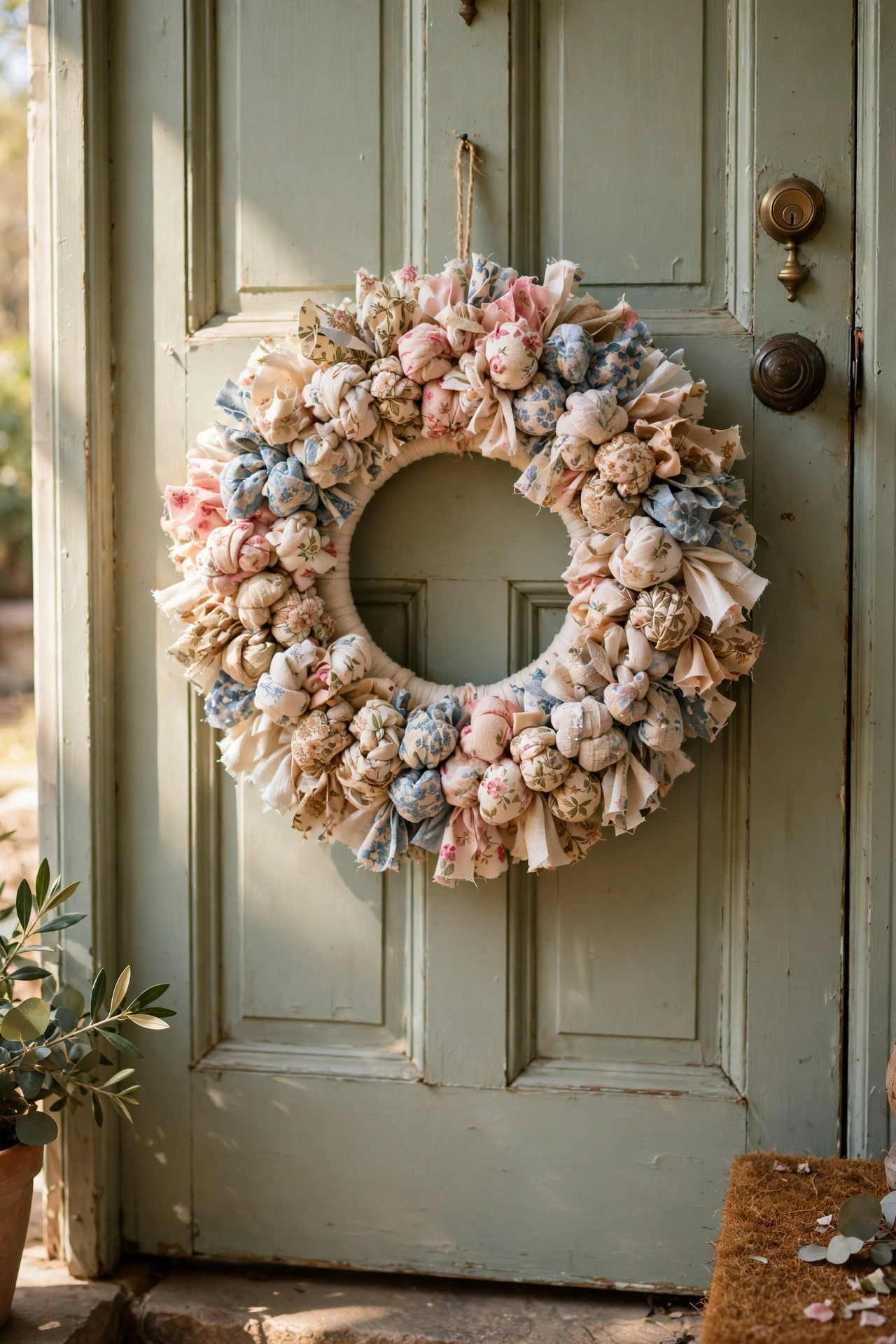 Foam ring wreath covered in knotted floral fabric strips