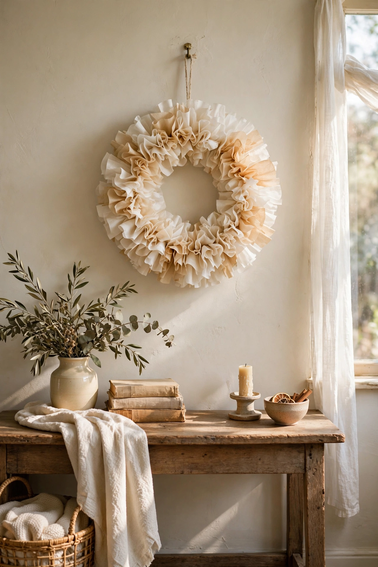 White coffee filter ruffle wreath on a foam ring