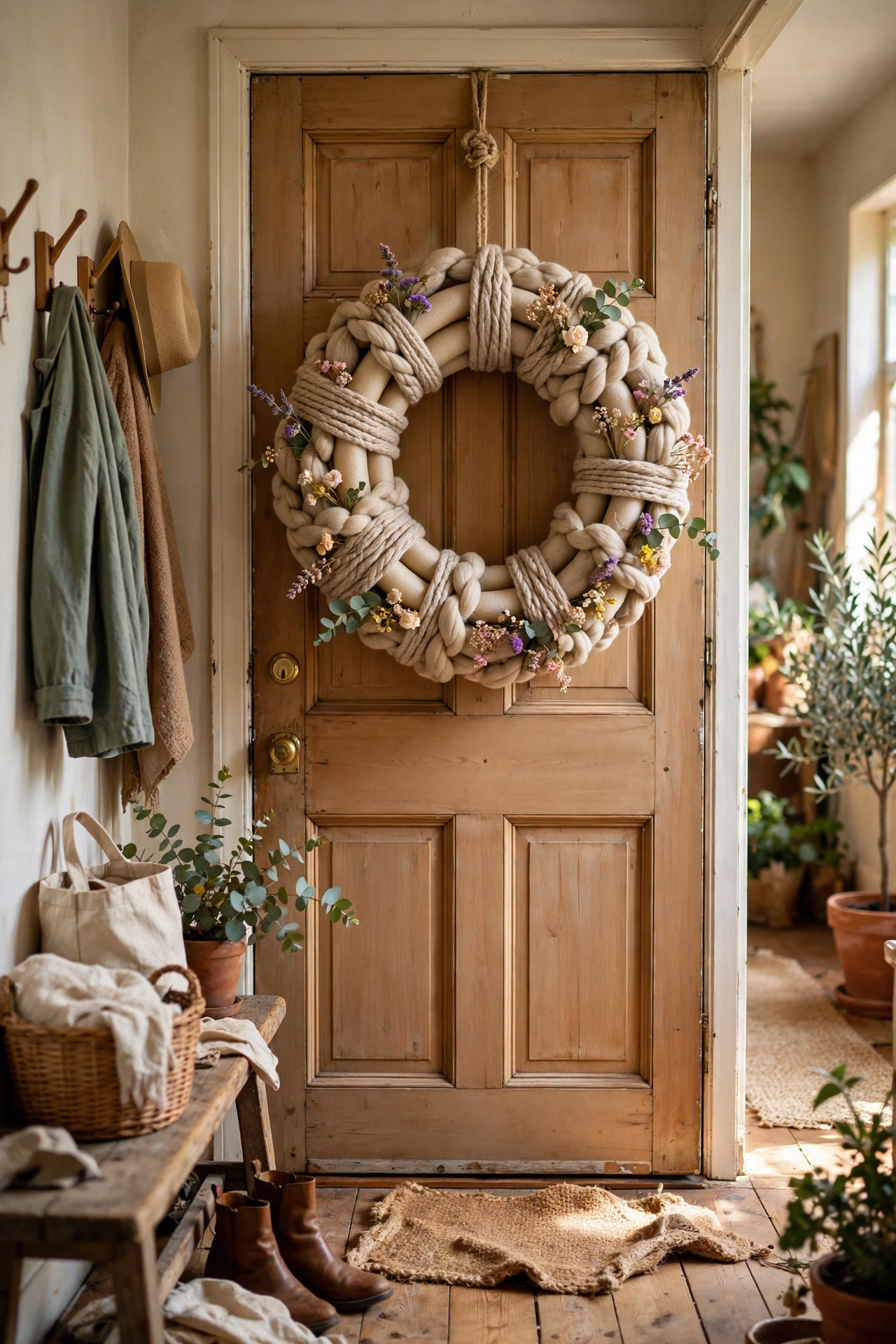Chunky pool noodle wreath wrapped in cream yarn
