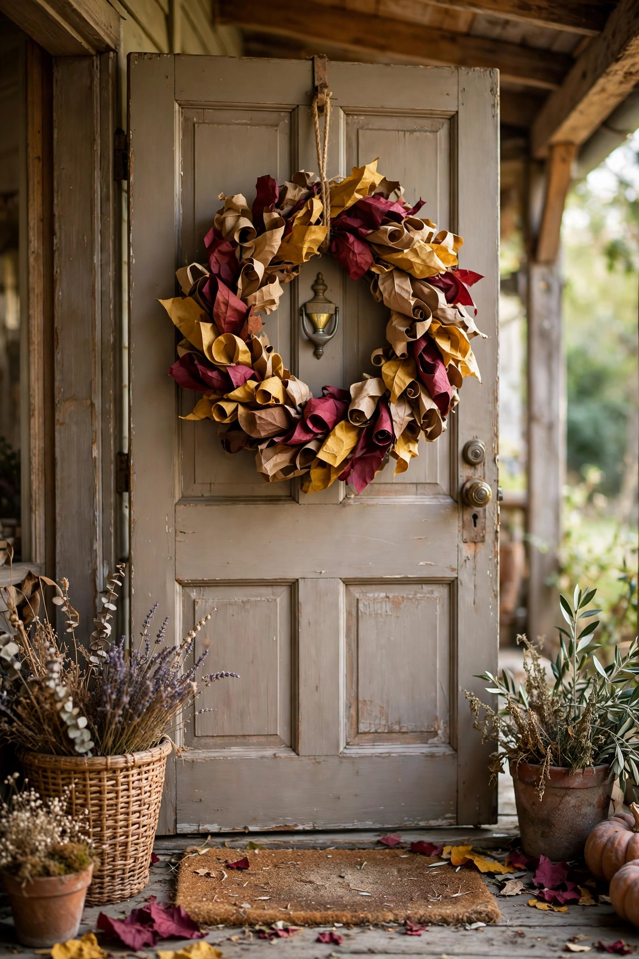 Autumn leaf wreath made from brown paper bags