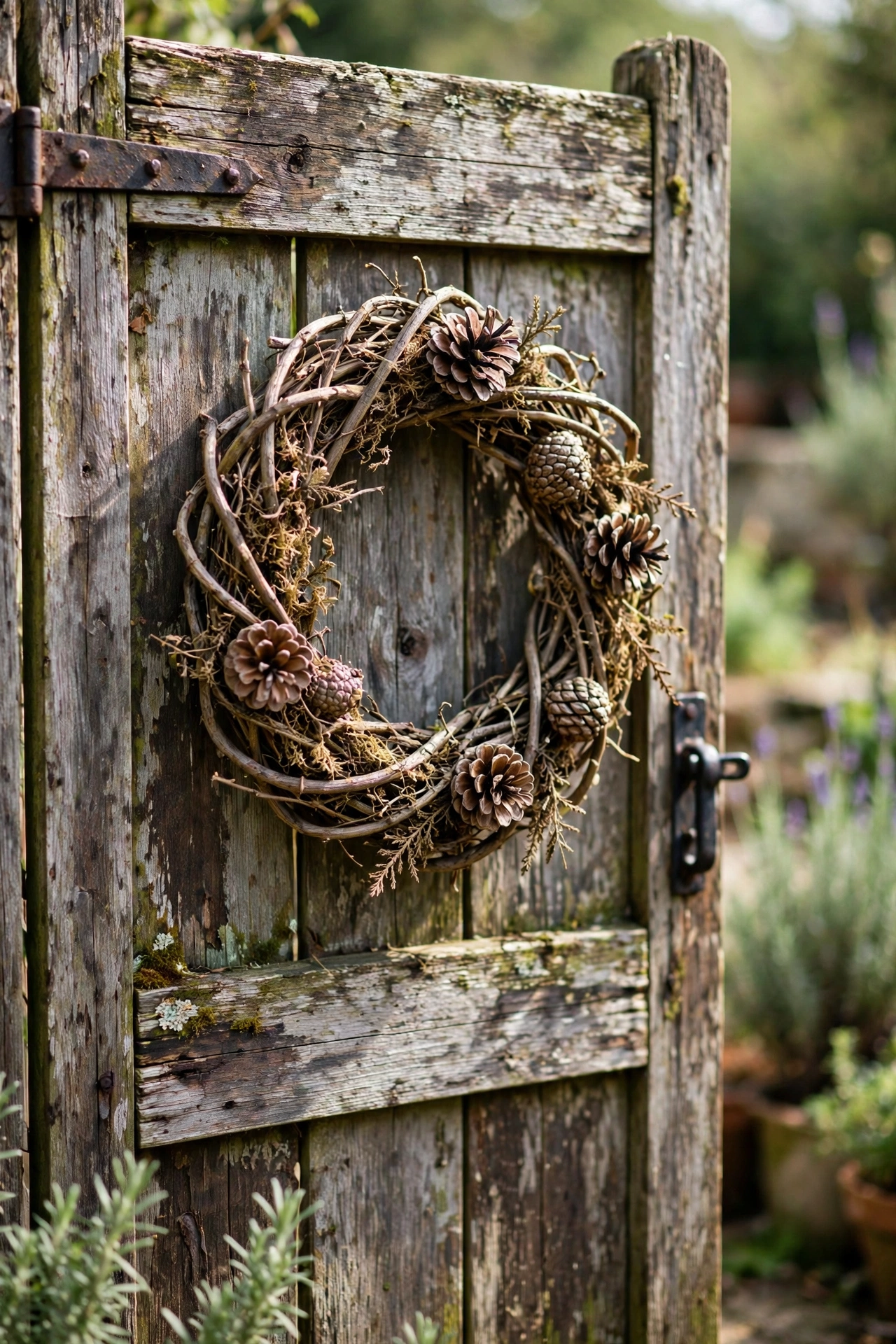 Rustic twig and pinecone wreath on a wooden door