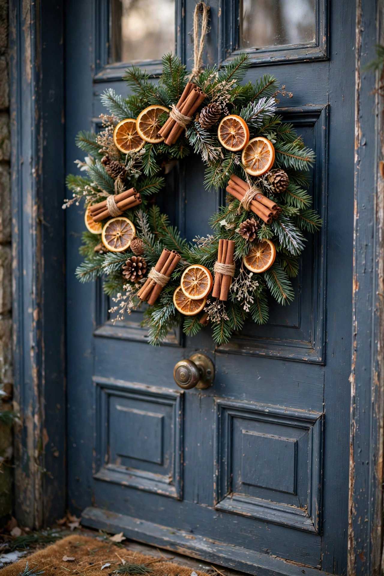 Christmas wreath with dried orange slices and cinnamon