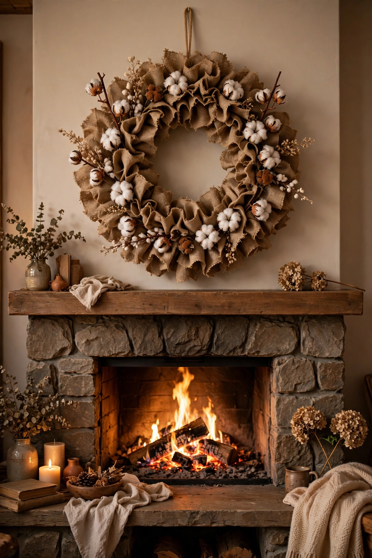 Burlap ruffle wreath above a fireplace mantel