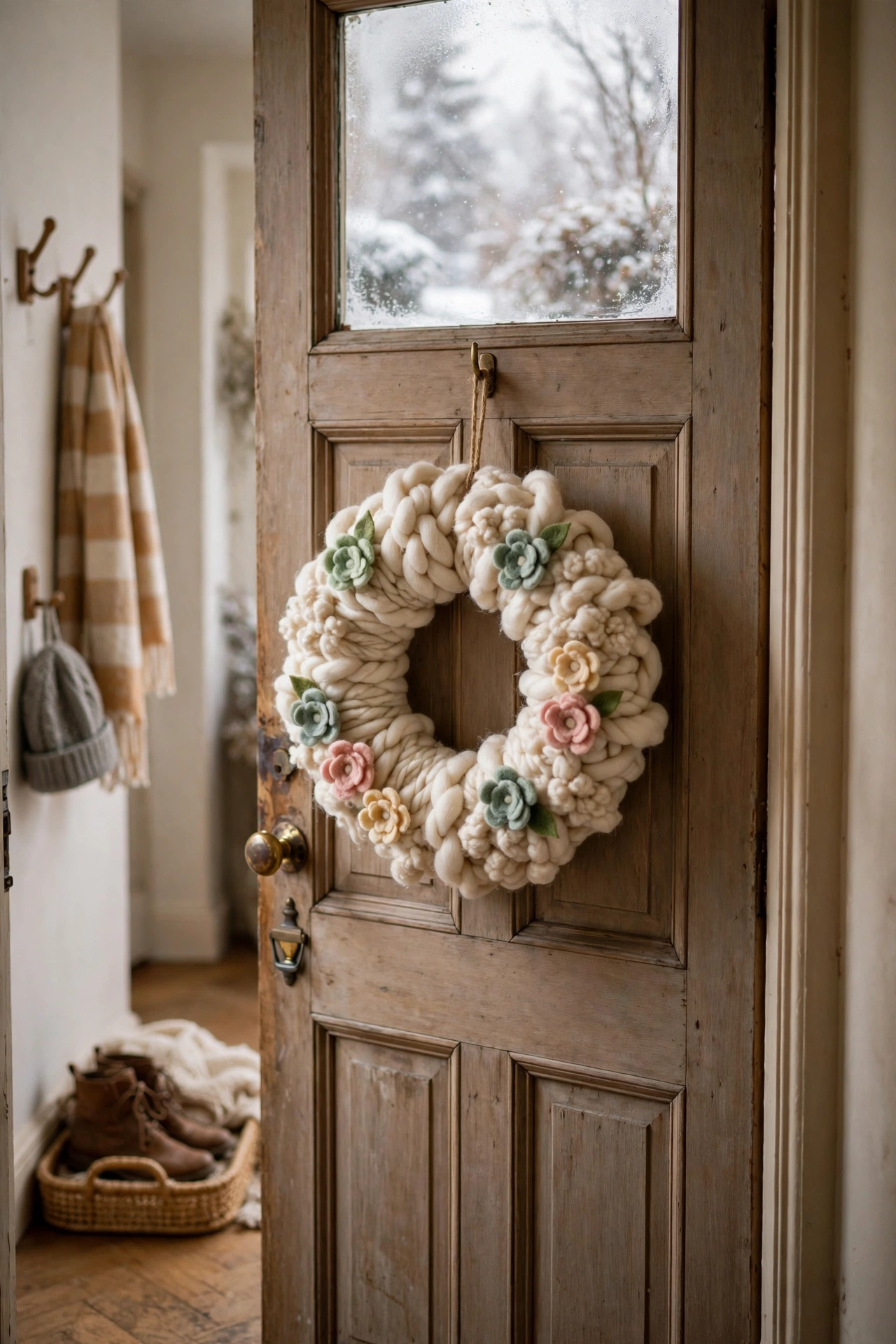 Cream chunky yarn wrapped winter wreath