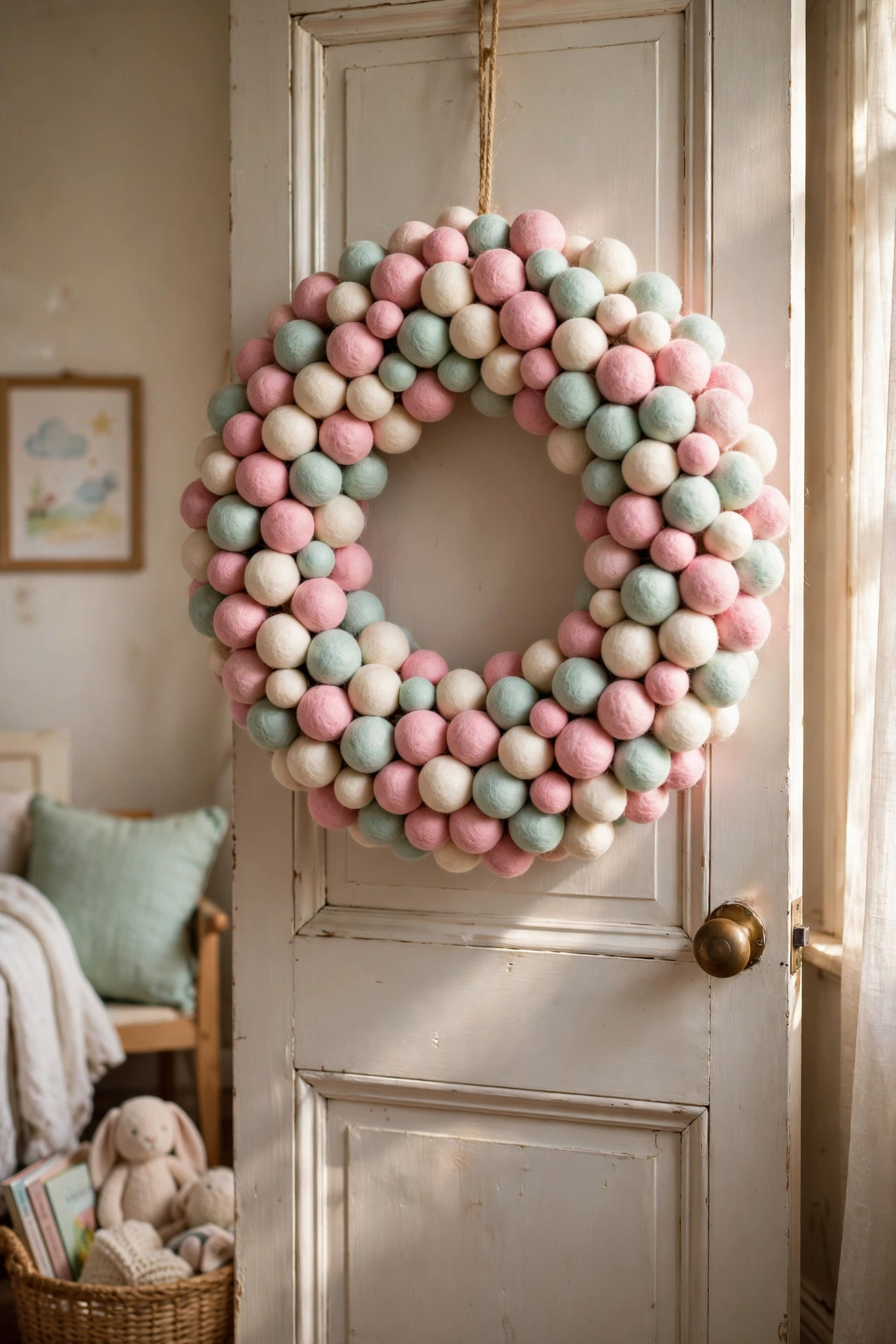 Pastel felt ball wreath on a bedroom door
