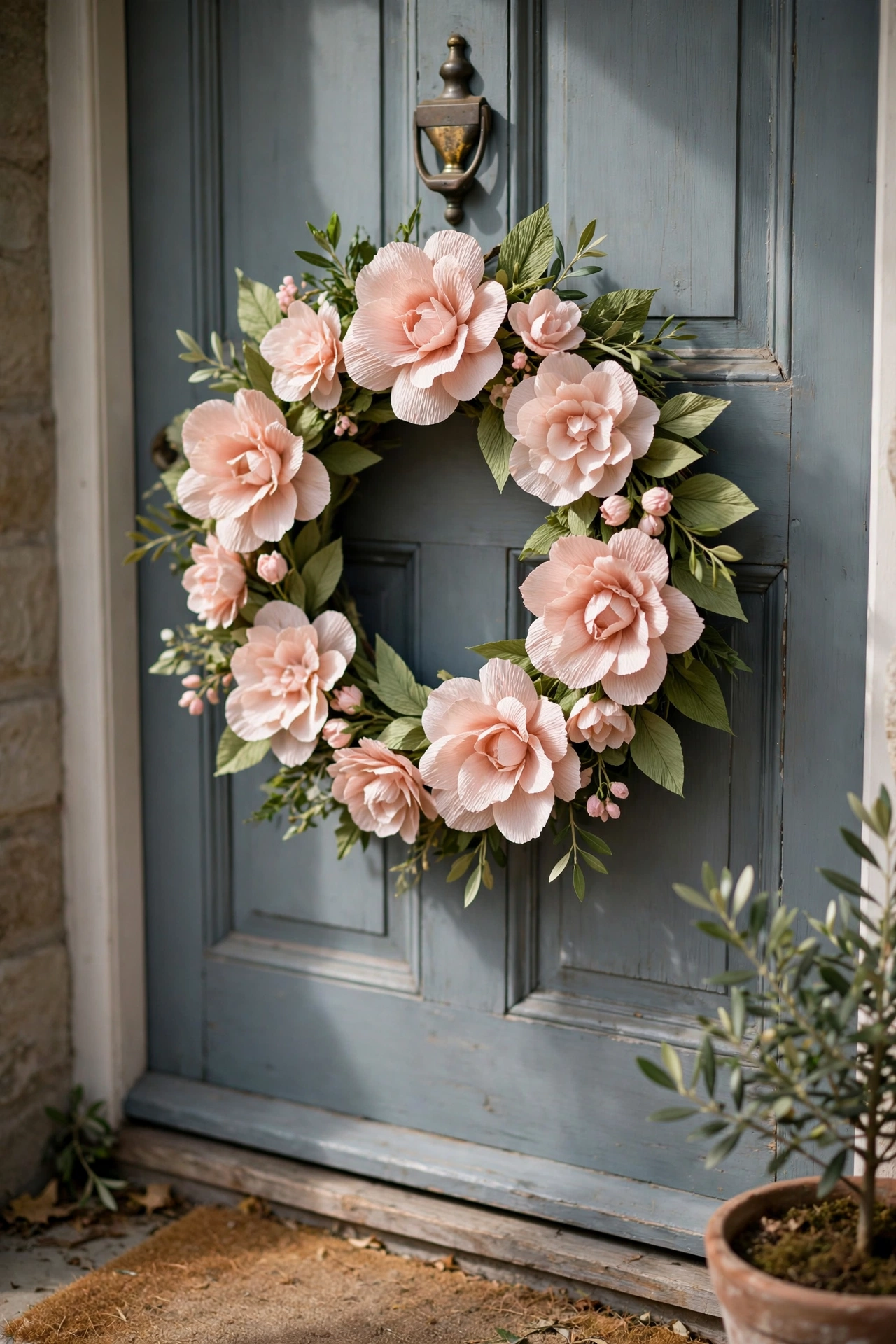 Blush pink crepe paper flower spring wreath