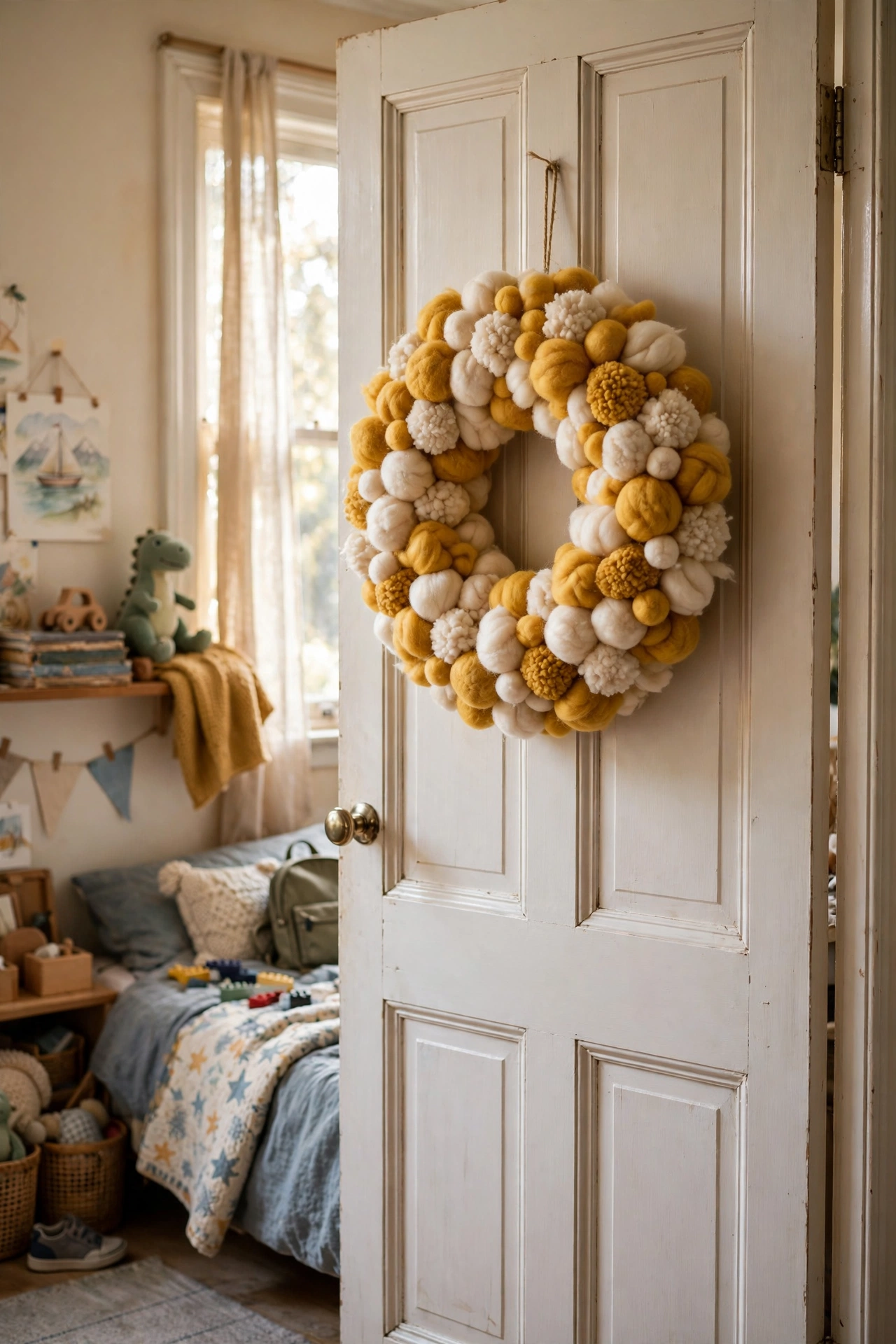 Mustard and cream wool pompom wreath